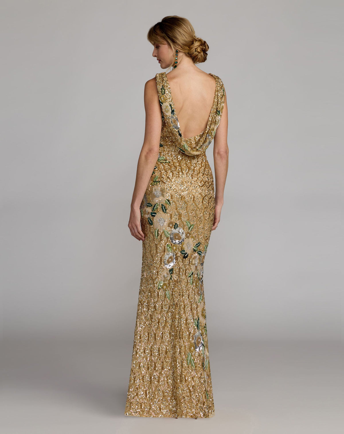 Gold Floral Embellished Sleeveless Cowl Back Gown - Mac Duggal