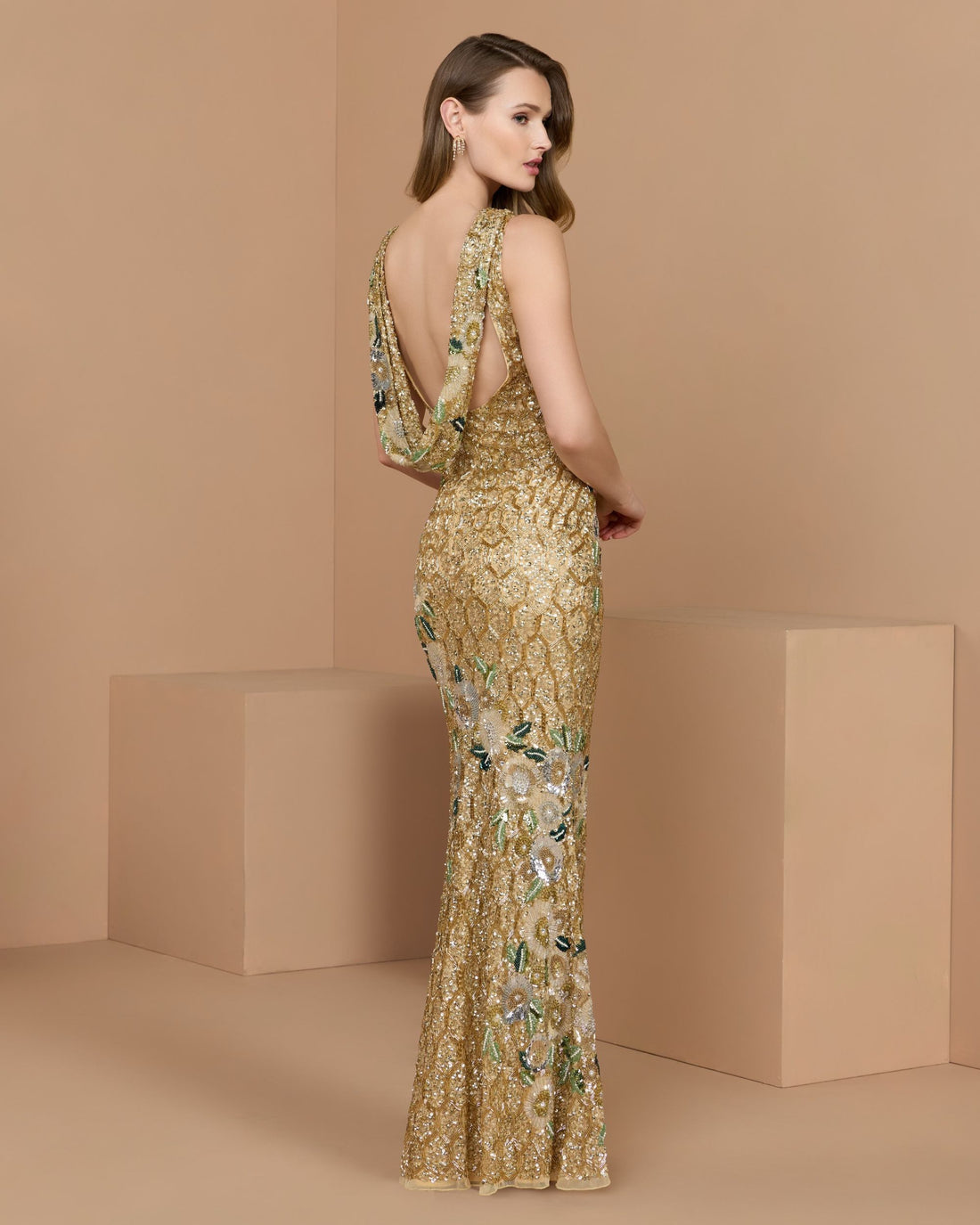 Gold Floral Embellished Sleeveless Cowl Back Gown - Mac Duggal