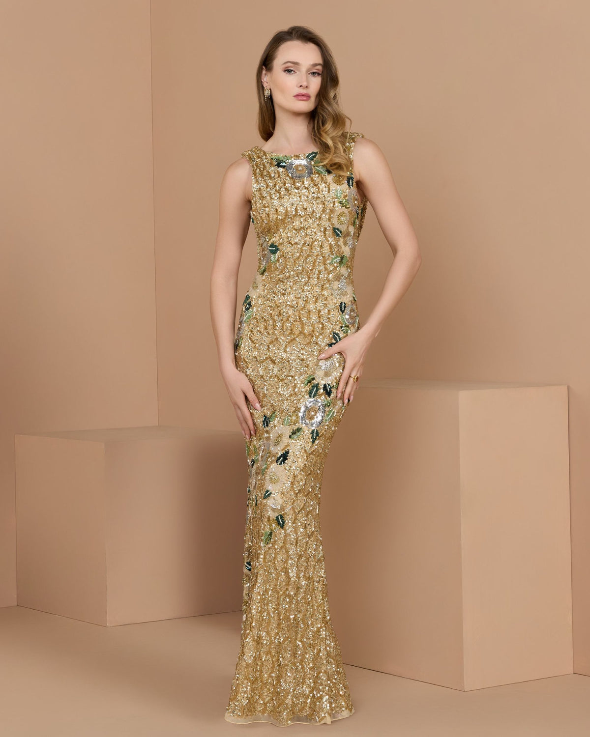 Gold Floral Embellished Sleeveless Cowl Back Gown - Mac Duggal