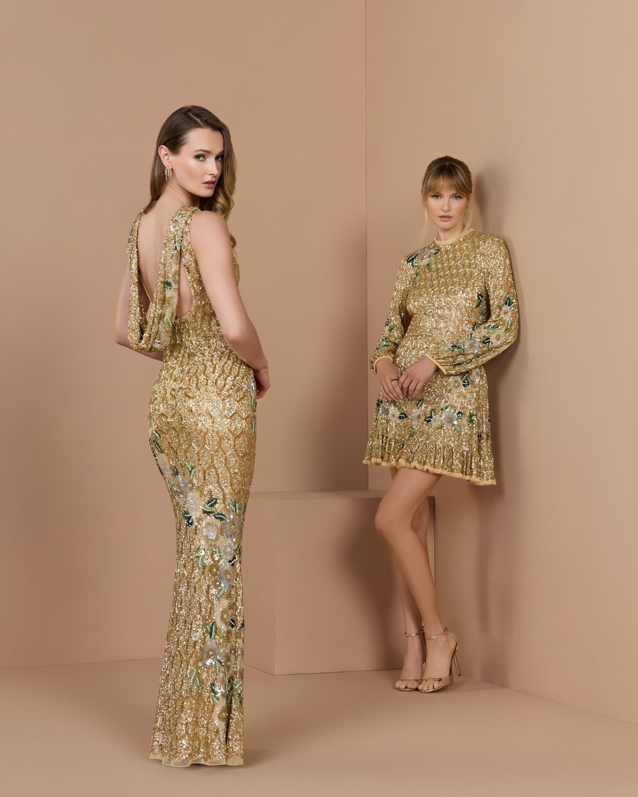 Gold Beaded Floral Long Sleeve Mini Dress Mac Duggal 