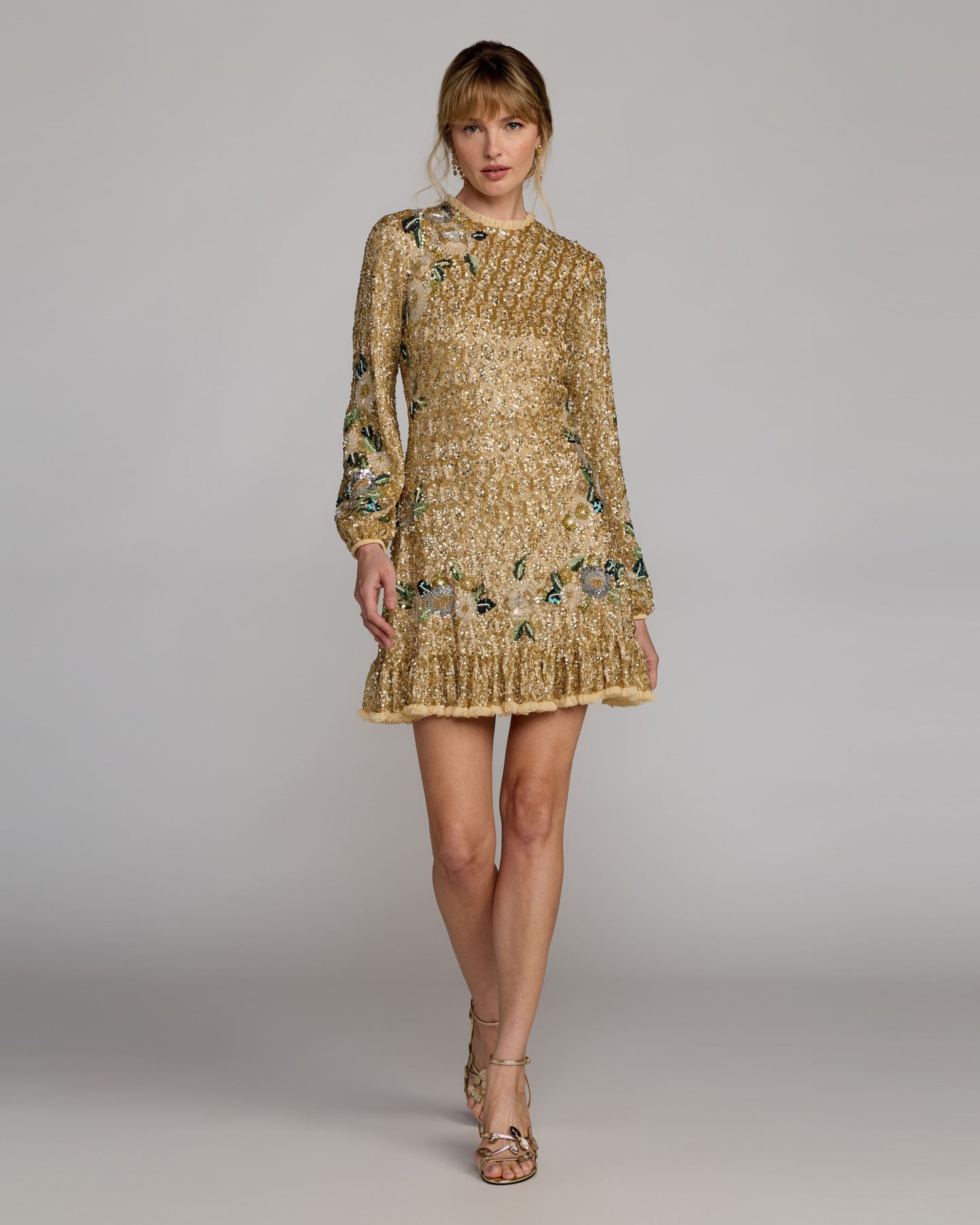 Gold Beaded Floral Long Sleeve Mini Dress Mac Duggal 
