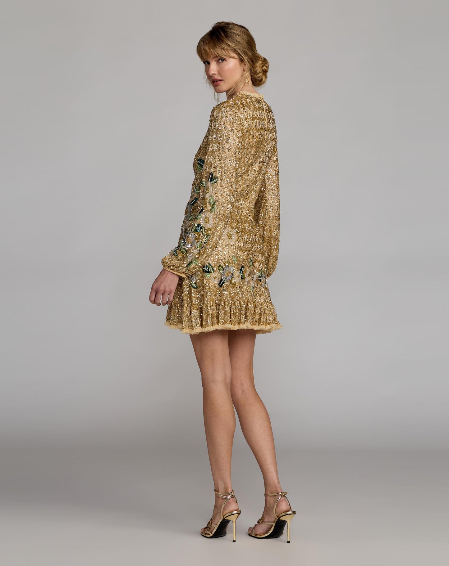Gold Beaded Floral Long Sleeve Mini Dress Mac Duggal 