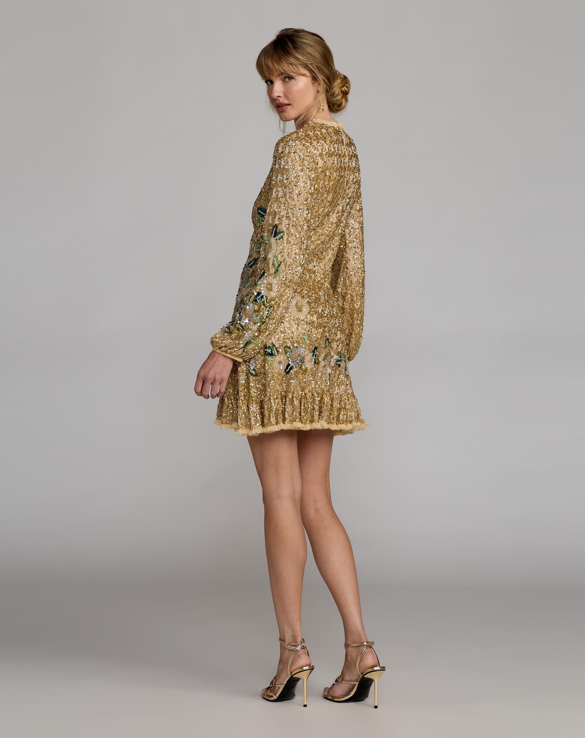 Gold Beaded Floral Long Sleeve Mini Dress Mac Duggal 