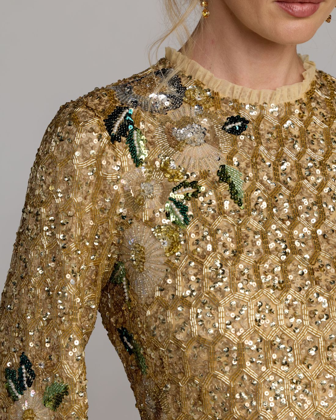 Gold Beaded Floral Long Sleeve Mini Dress Mac Duggal 