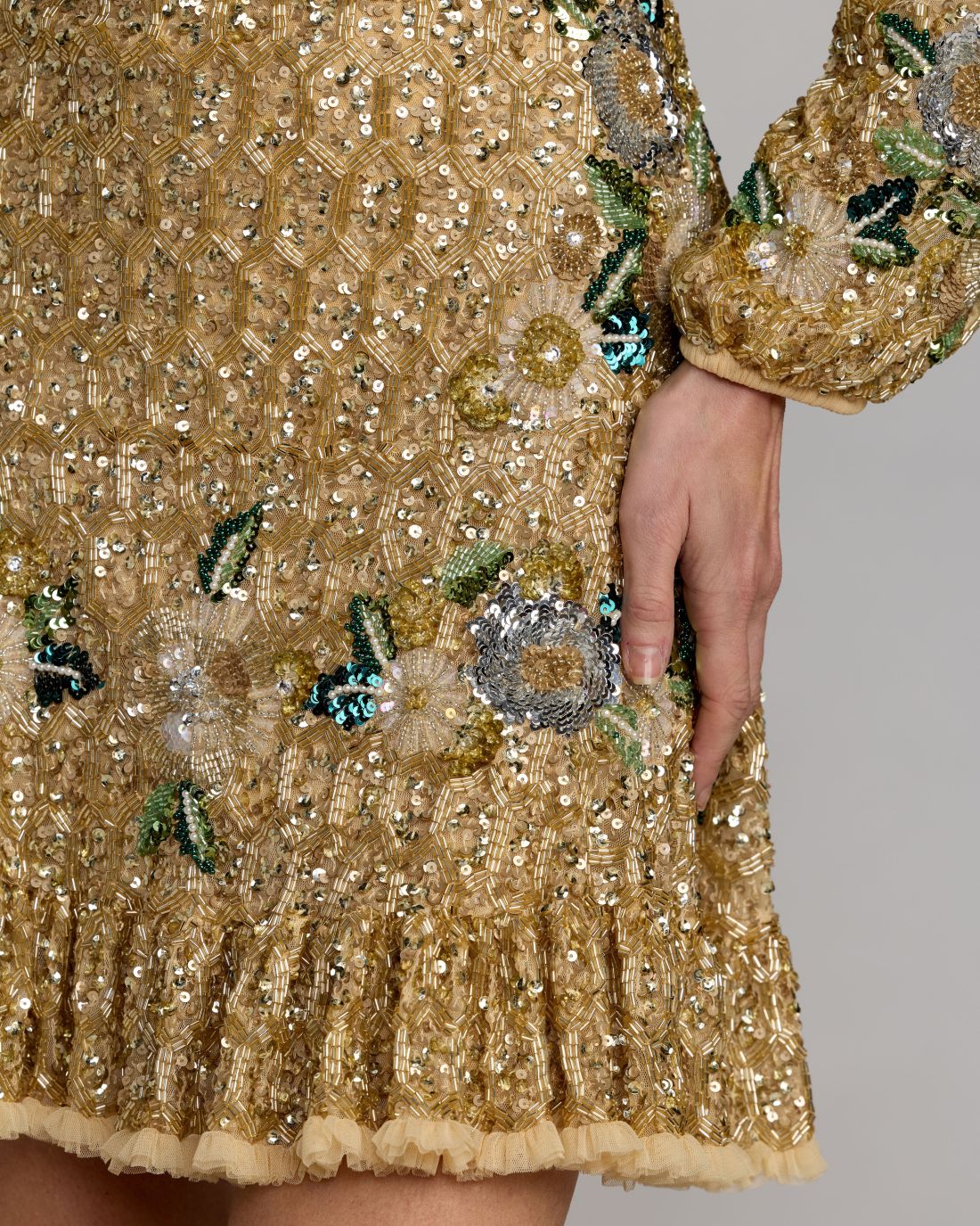 Gold Beaded Floral Long Sleeve Mini Dress Mac Duggal
