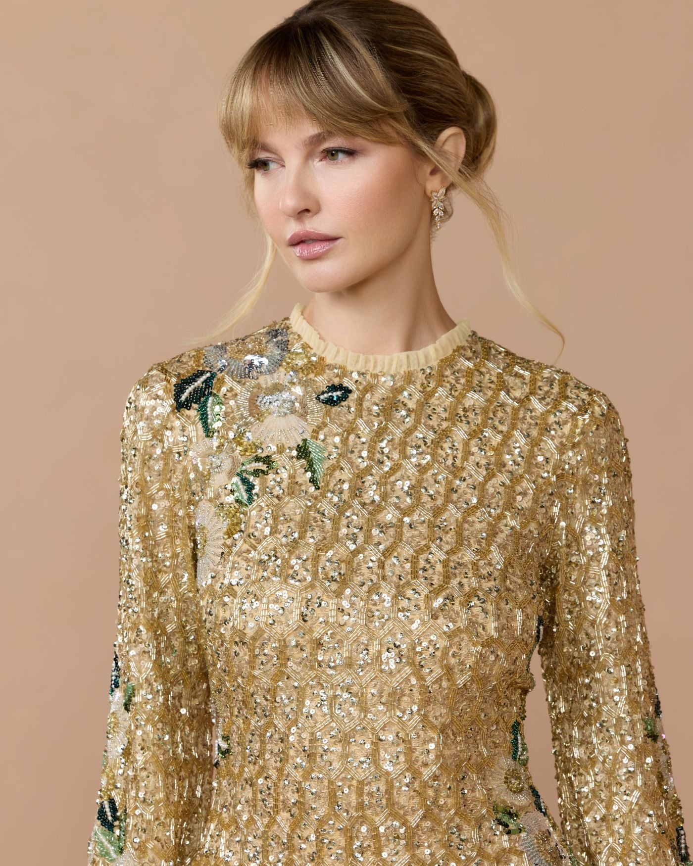 Gold Beaded Floral Long Sleeve Mini Dress Mac Duggal 
