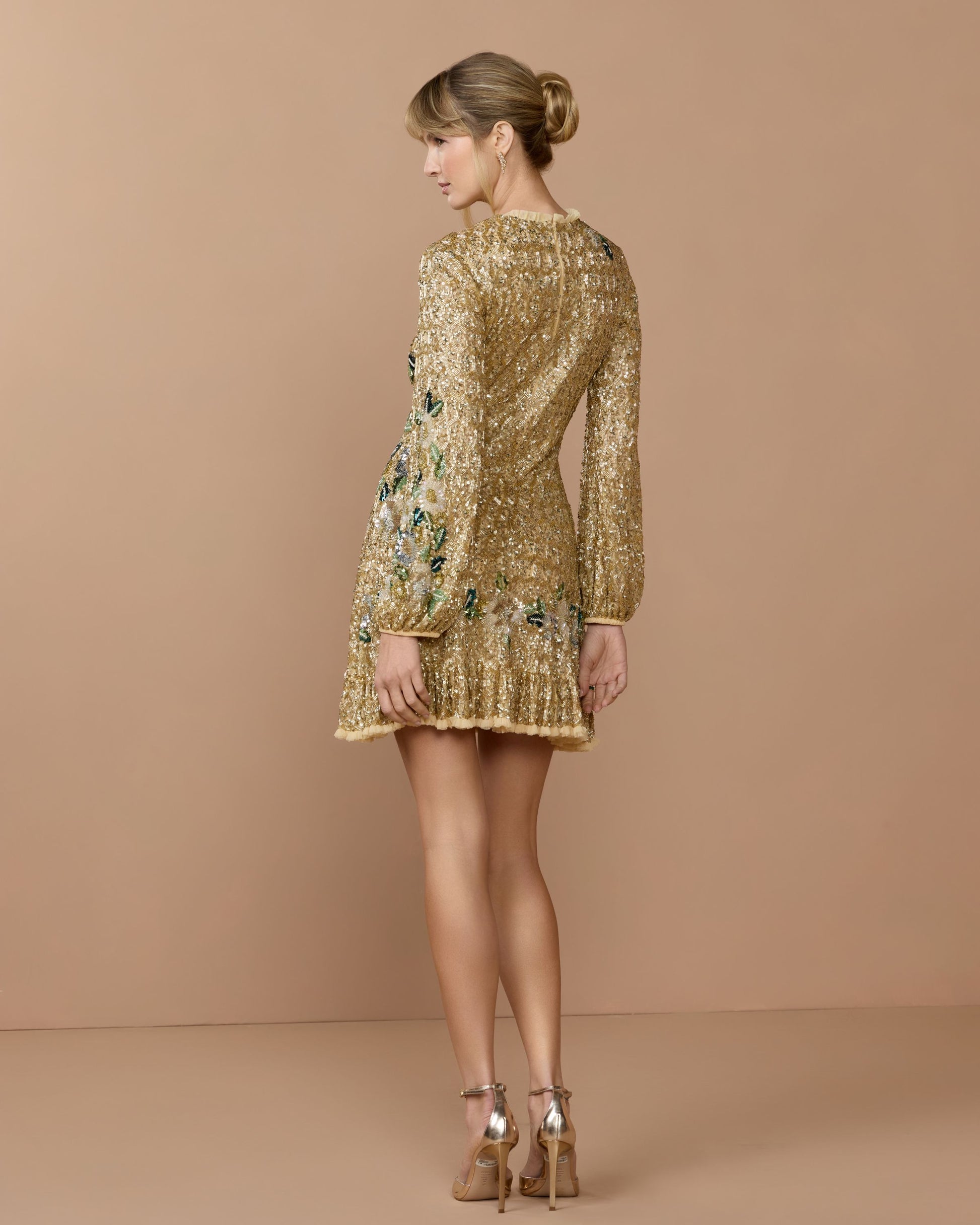 Gold Beaded Floral Long Sleeve Mini Dress Mac Duggal 