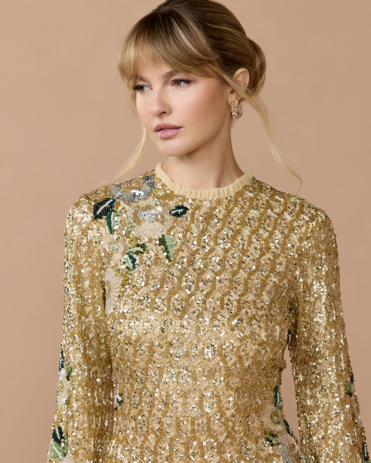 Gold Multi Floral Hand Beaded Long Sleeve Mini Dress - Mac Duggal 