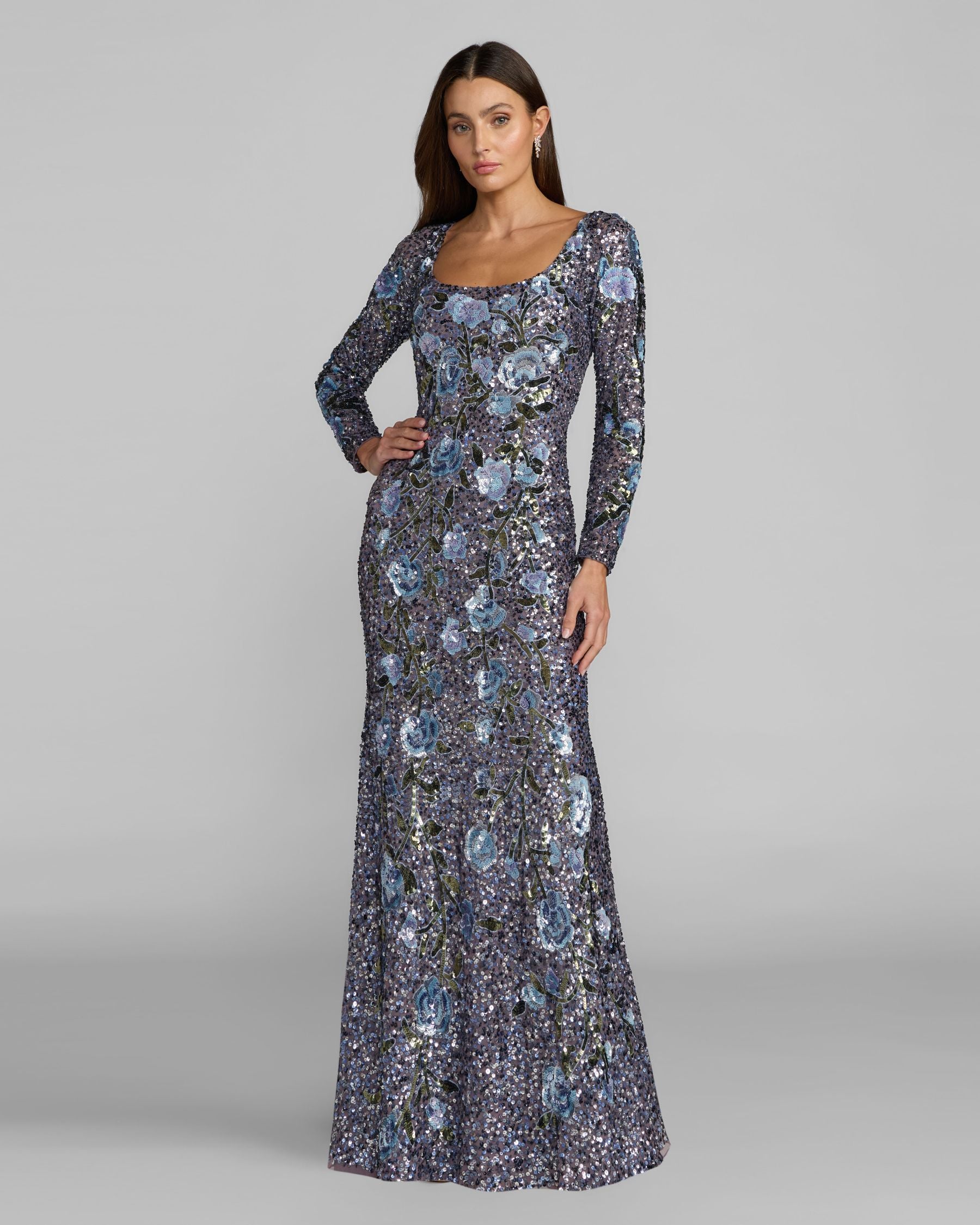 Blue Floral Sequin Long Sleeve Gown Mac Duggal