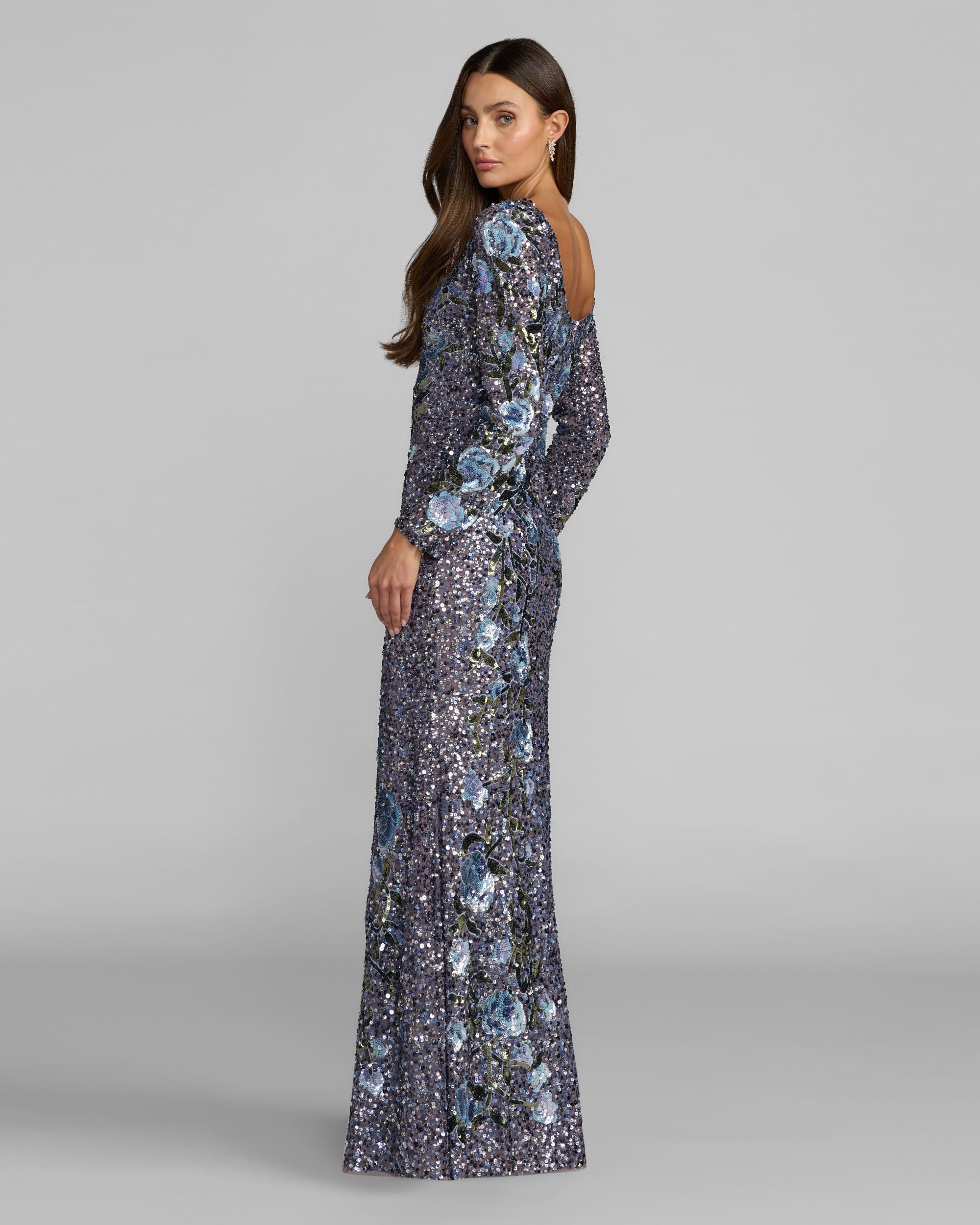 Blue Floral Sequin Long Sleeve Gown Mac Duggal