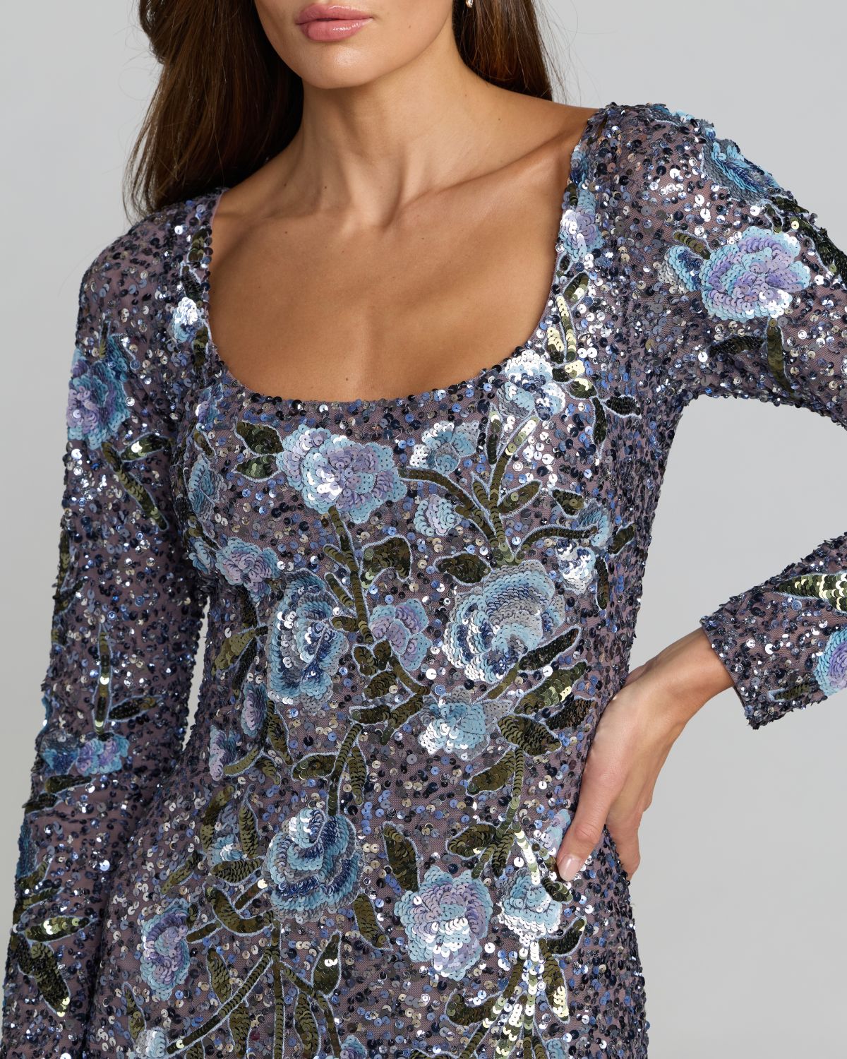 Blue Floral Sequin Long Sleeve Gown Mac Duggal
