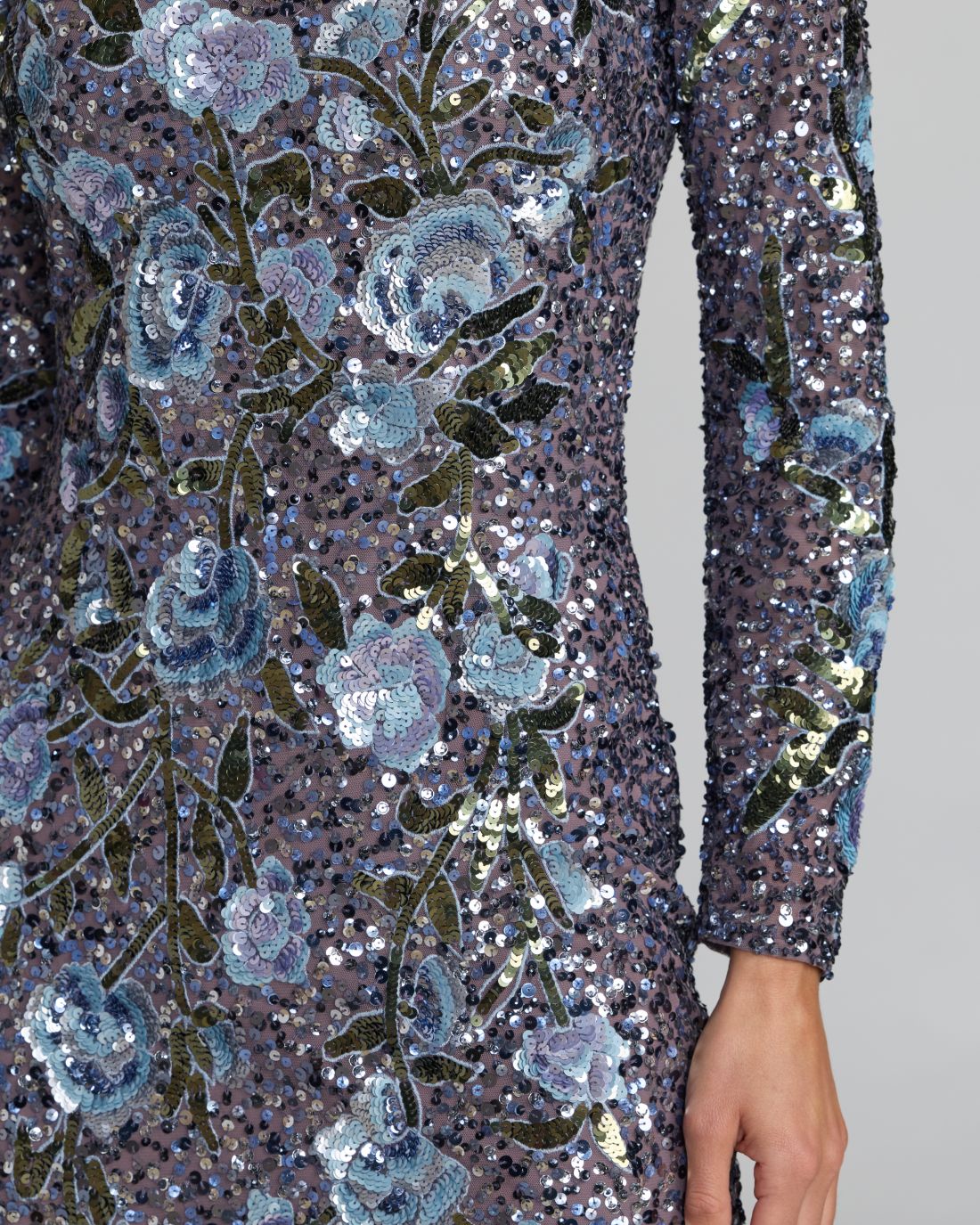 Blue Floral Sequin Long Sleeve Gown Mac Duggal