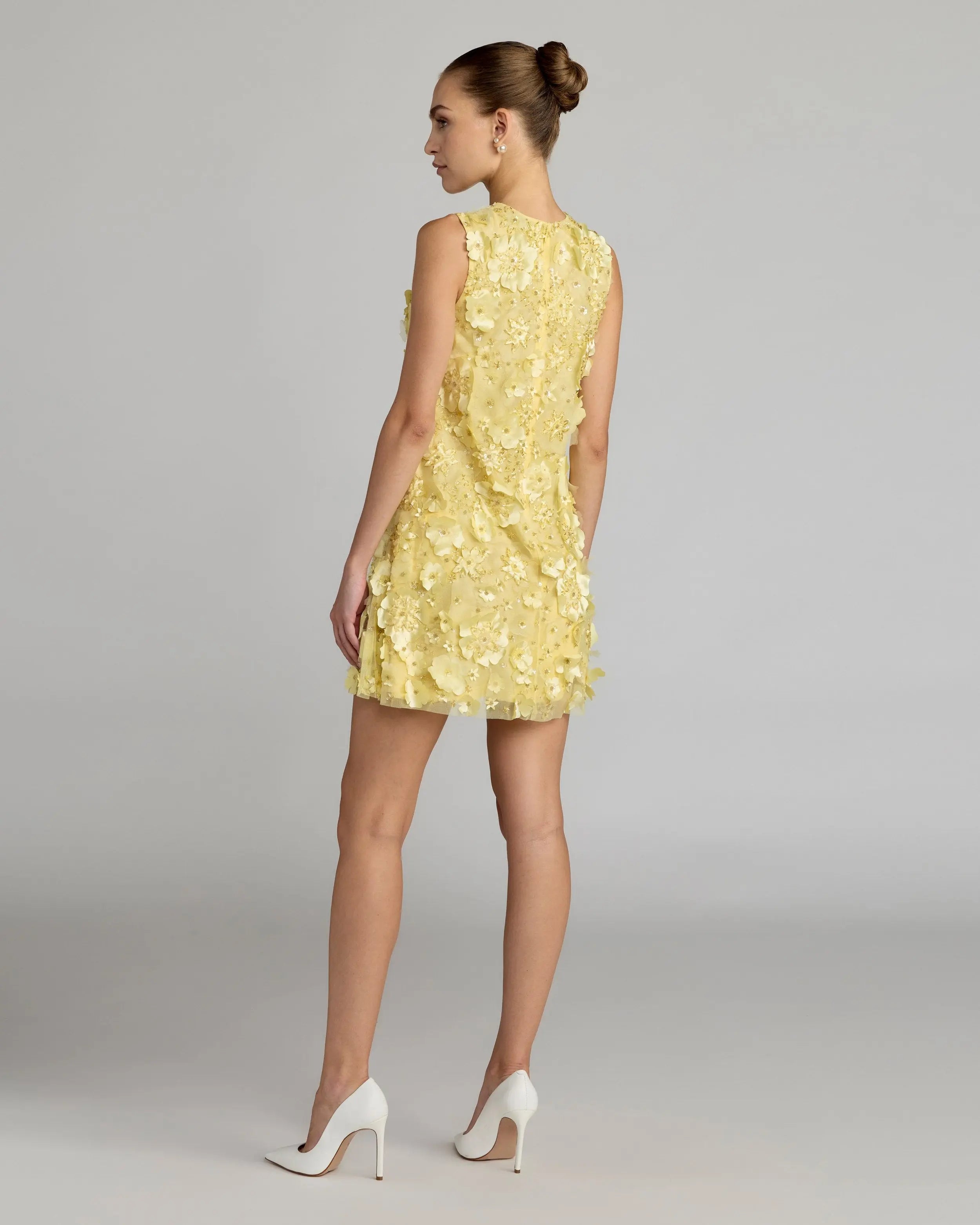 Yellow 3D Floral Embellished Sleeveless Mini Dress Mac Duggal