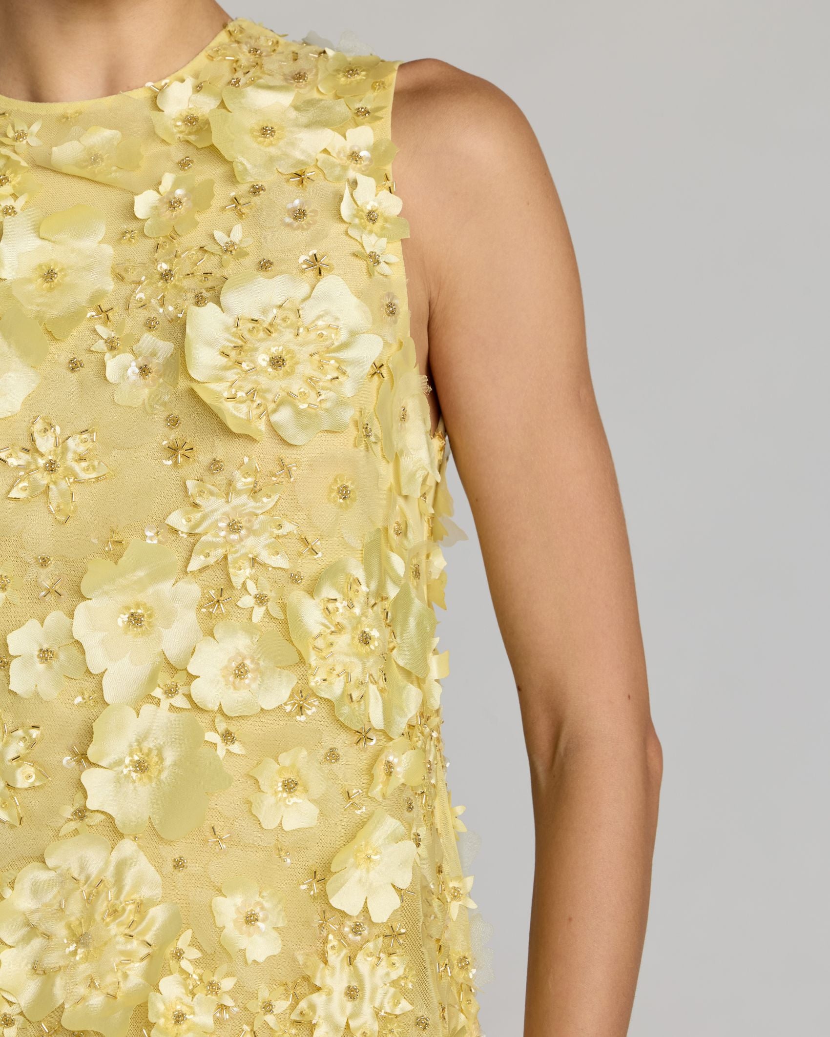 Yellow 3D Floral Embellished Sleeveless Mini Dress Mac Duggal