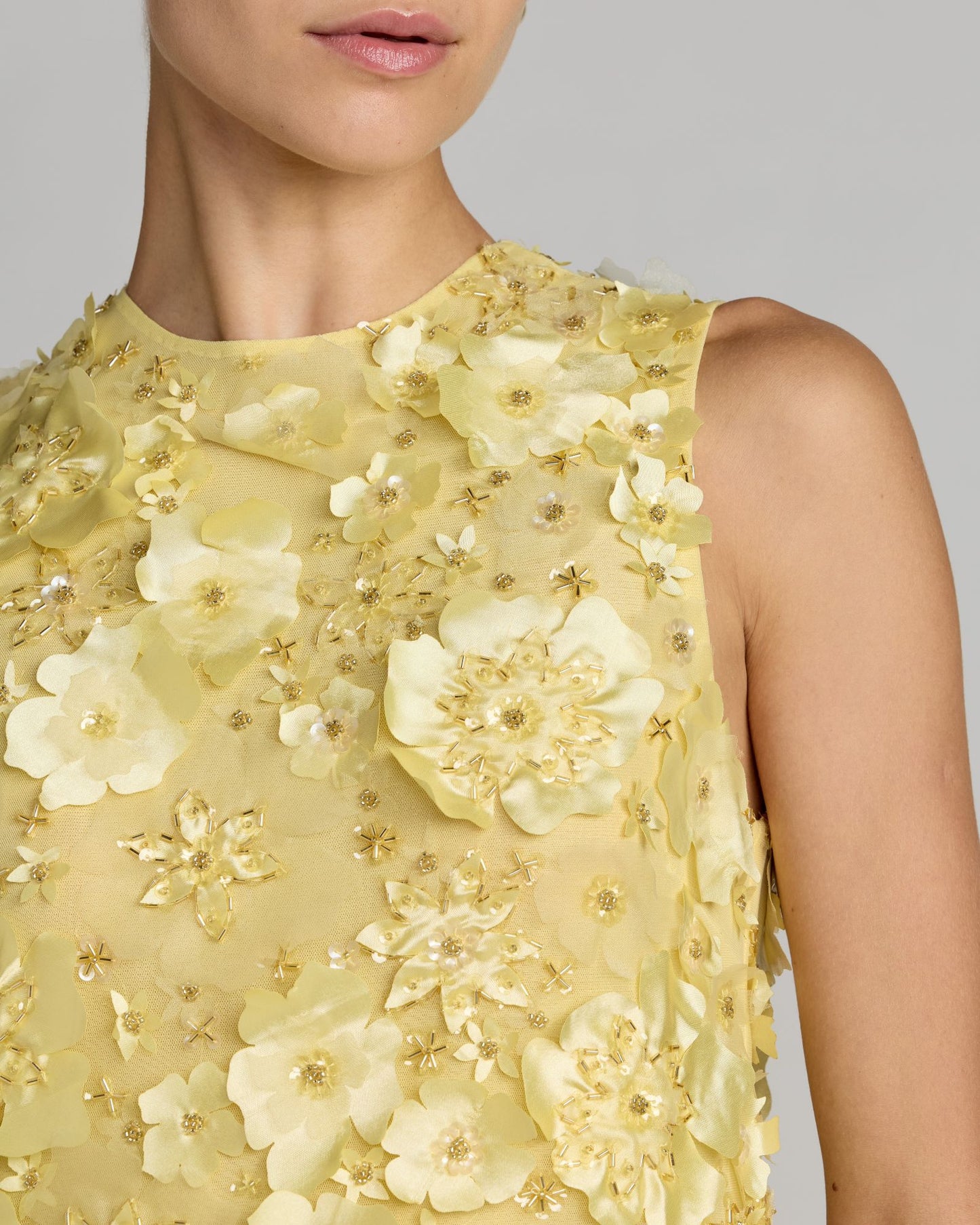 Yellow 3D Floral Embellished Sleeveless Mini Dress Mac Duggal