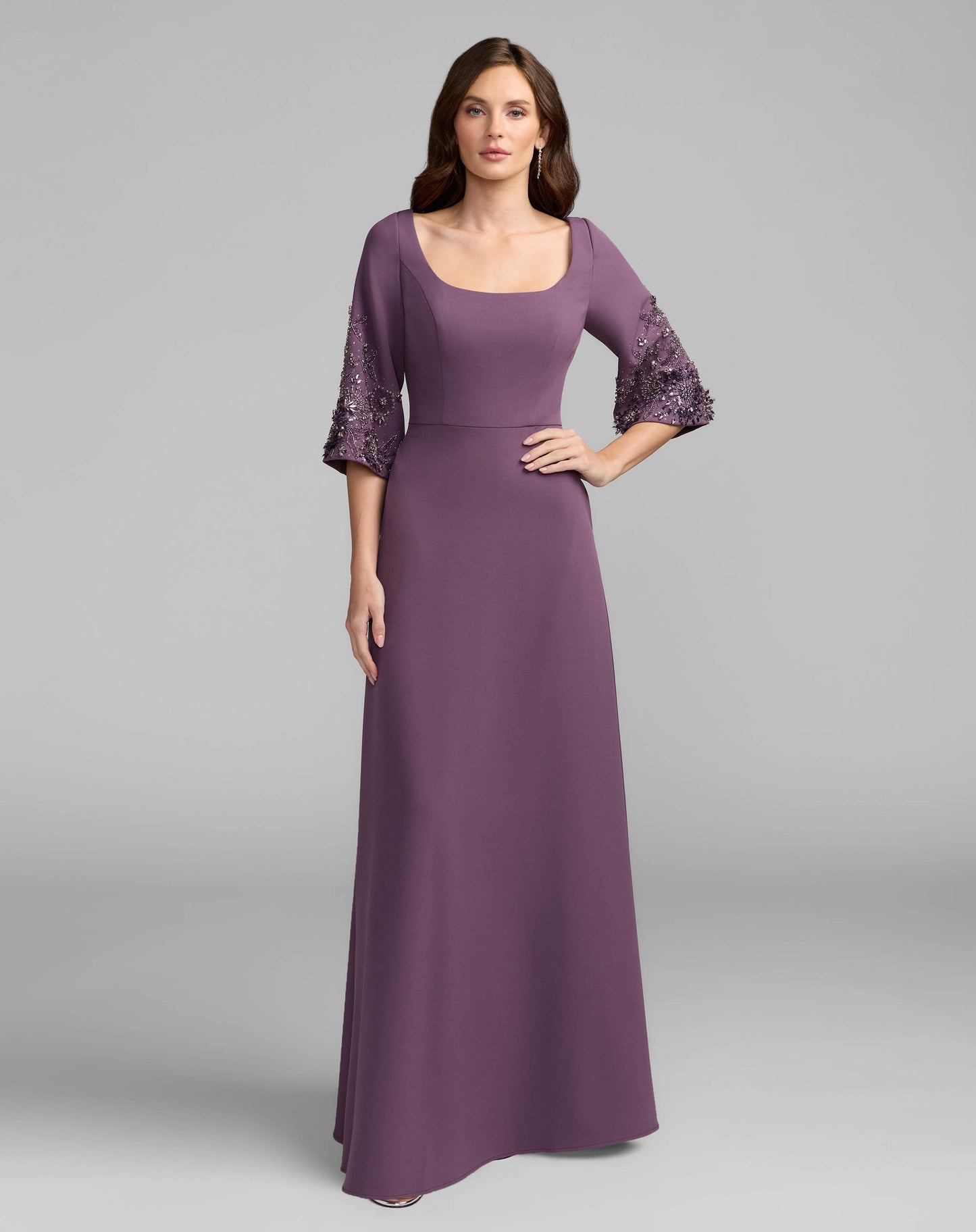 Purple Crepe Gown With Floral Embellished Sleeves Mac Duggal