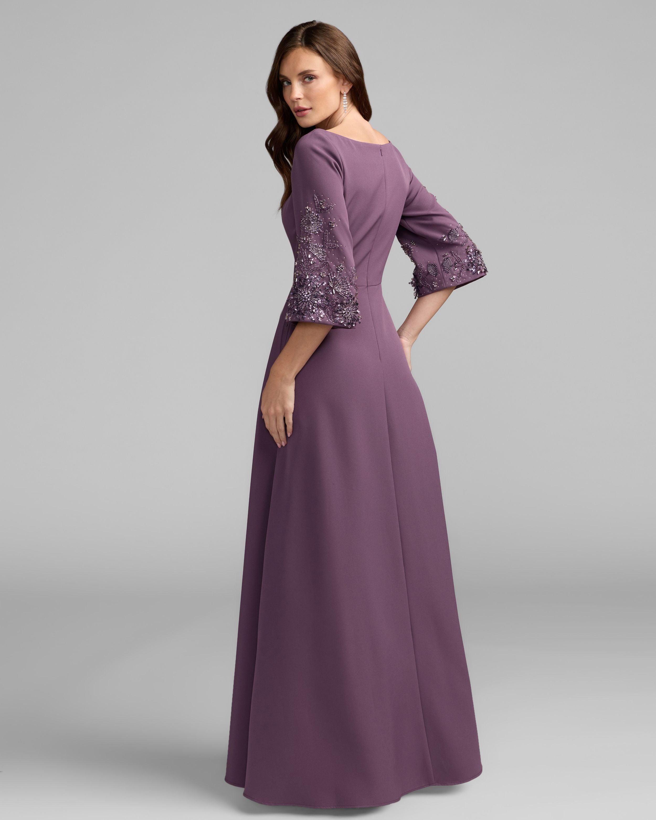 Purple Crepe Gown With Floral Embellished Sleeves Mac Duggal
