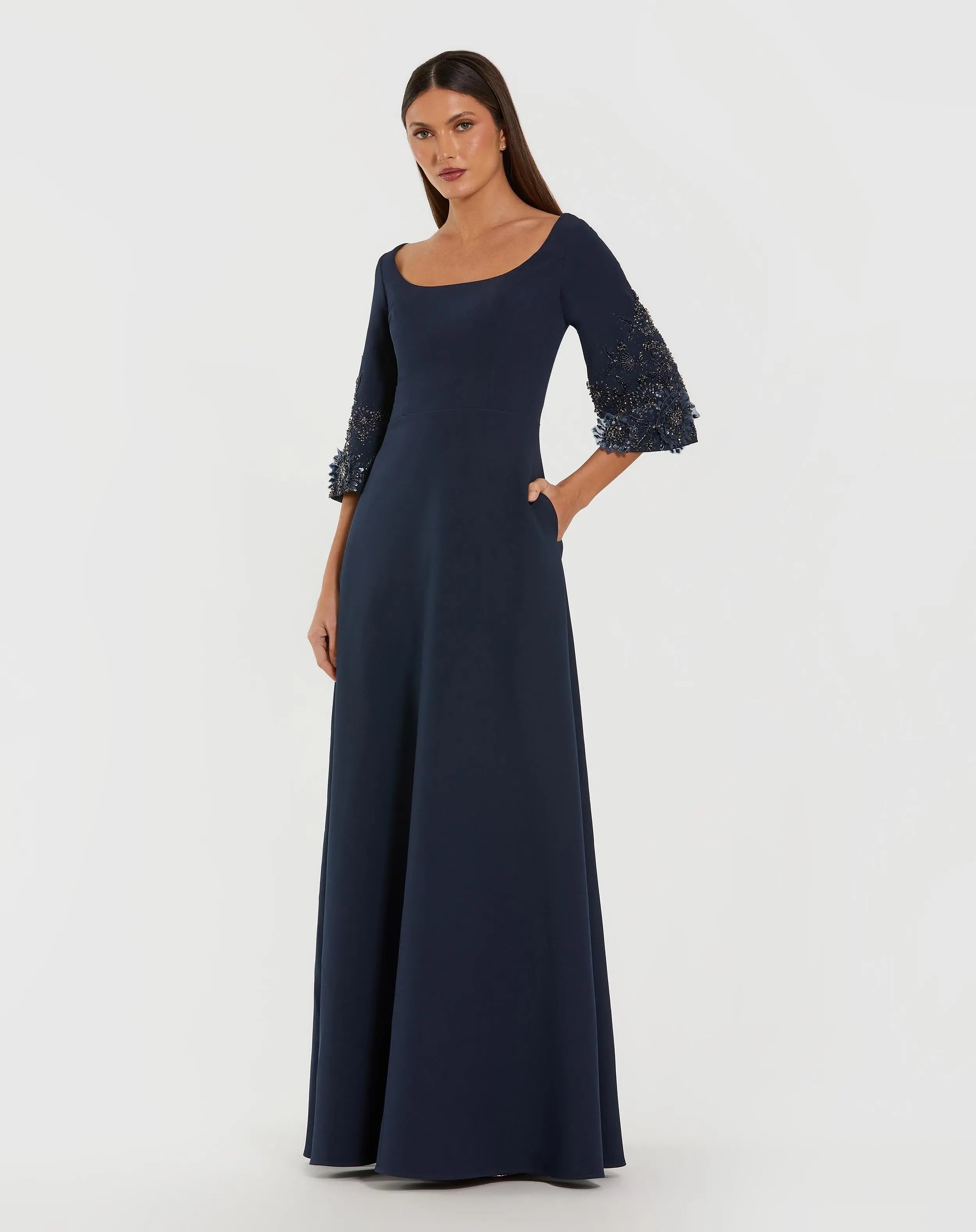 Navy Crepe Gown With Floral Embellished Sleeves - Mac Duggal