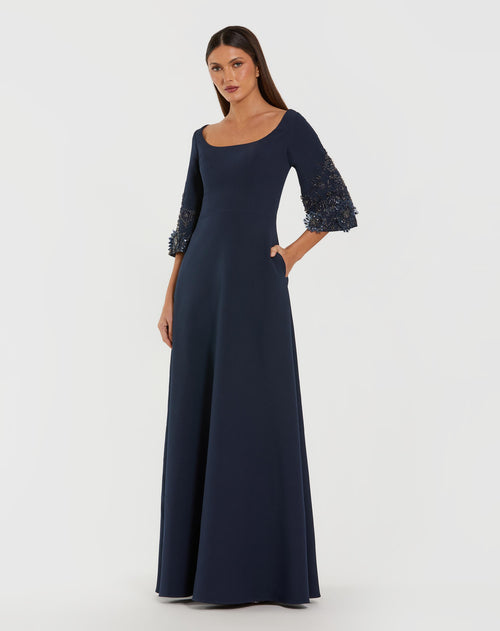 Navy Crepe Gown With Floral Embellished Sleeves - Mac Duggal