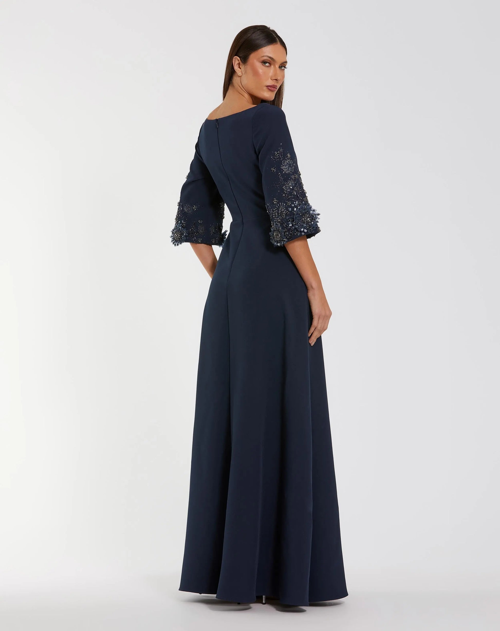Mac Duggal Women's Floral Embellished Sleeves Crepe Gown - Midnight Mac Duggal Women's Floral Embellished Sleeves Crepe Gown - Midnight
