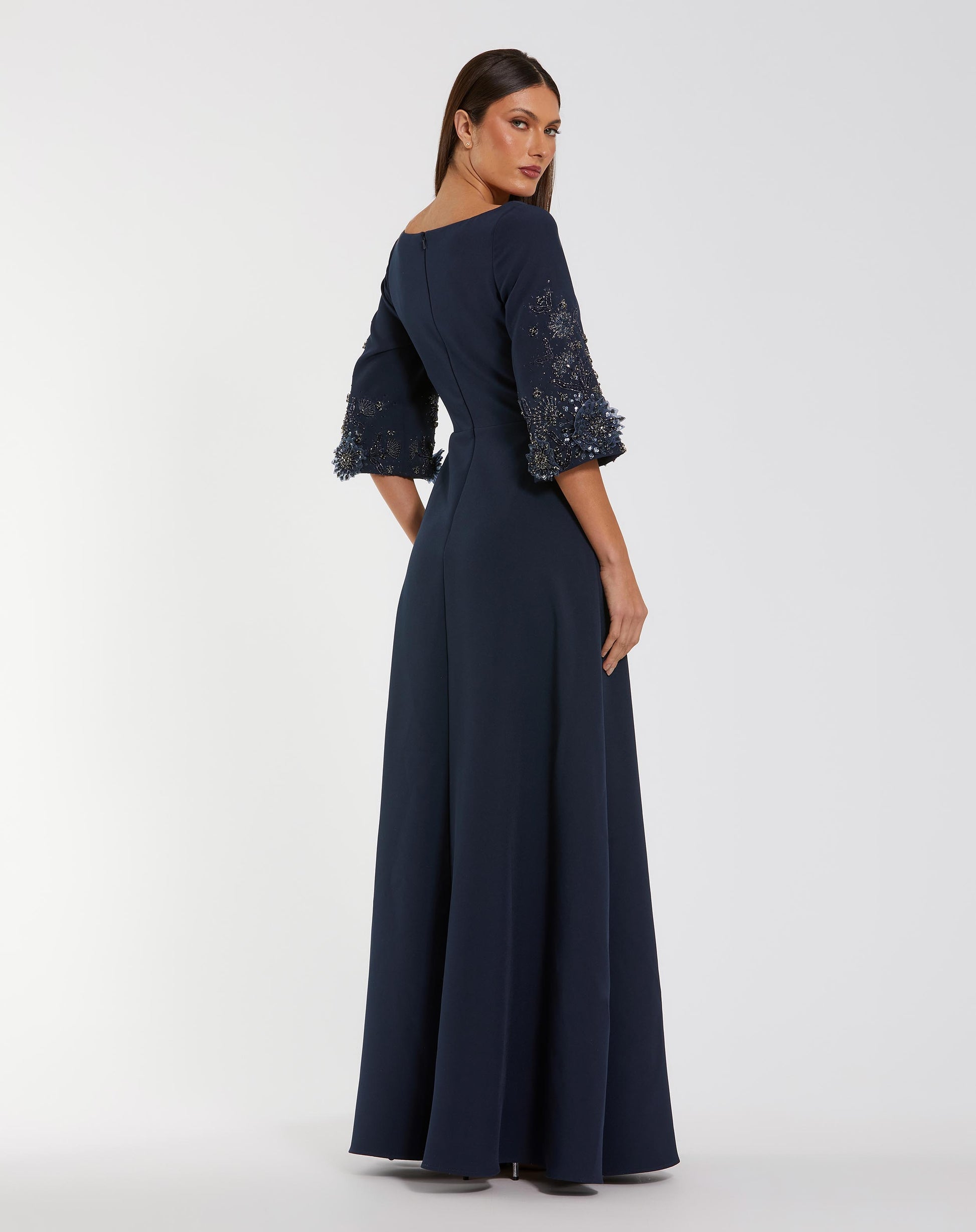 Navy Crepe Gown With Floral Embellished Sleeves - Mac Duggal