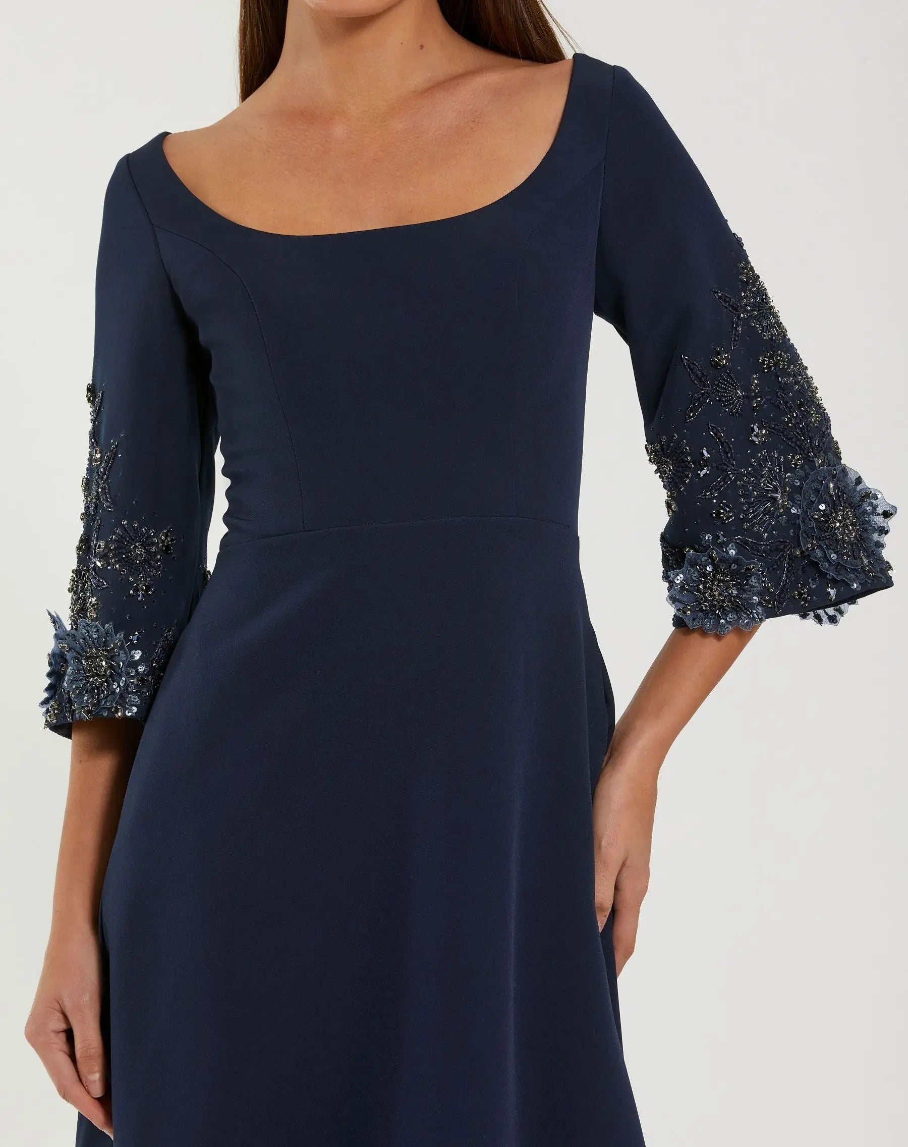 Navy Crepe Gown With Floral Embellished Sleeves Mac Duggal