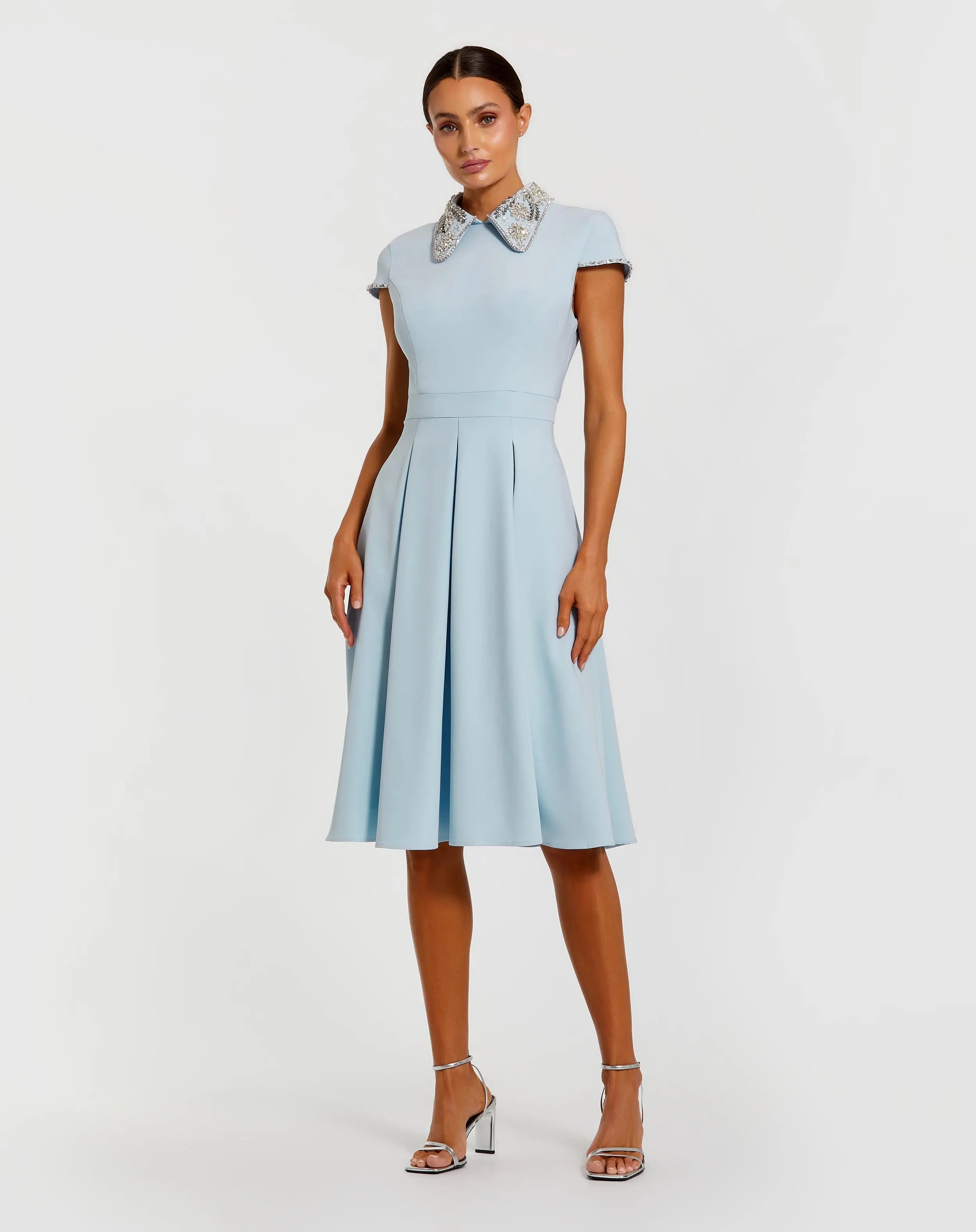 Blue Embellished Collar A-Line Midi Dress