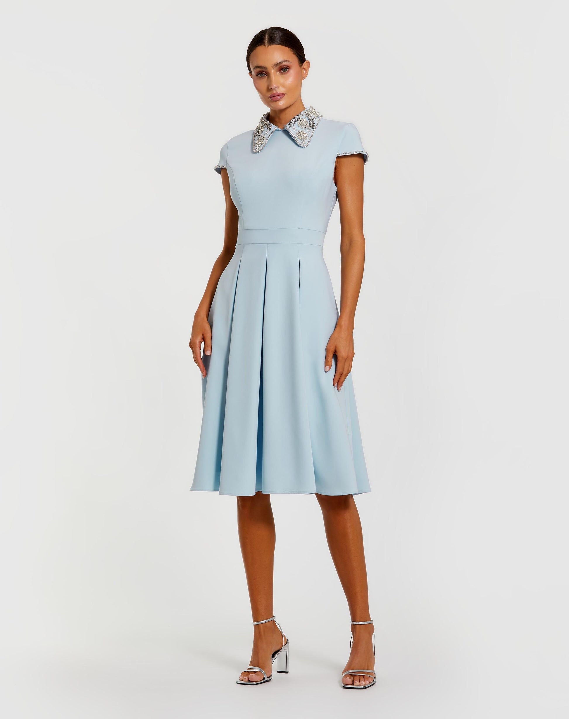 Blue Crepe Short Sleeve Midi Dress With Beading Ieena for Mac Duggal