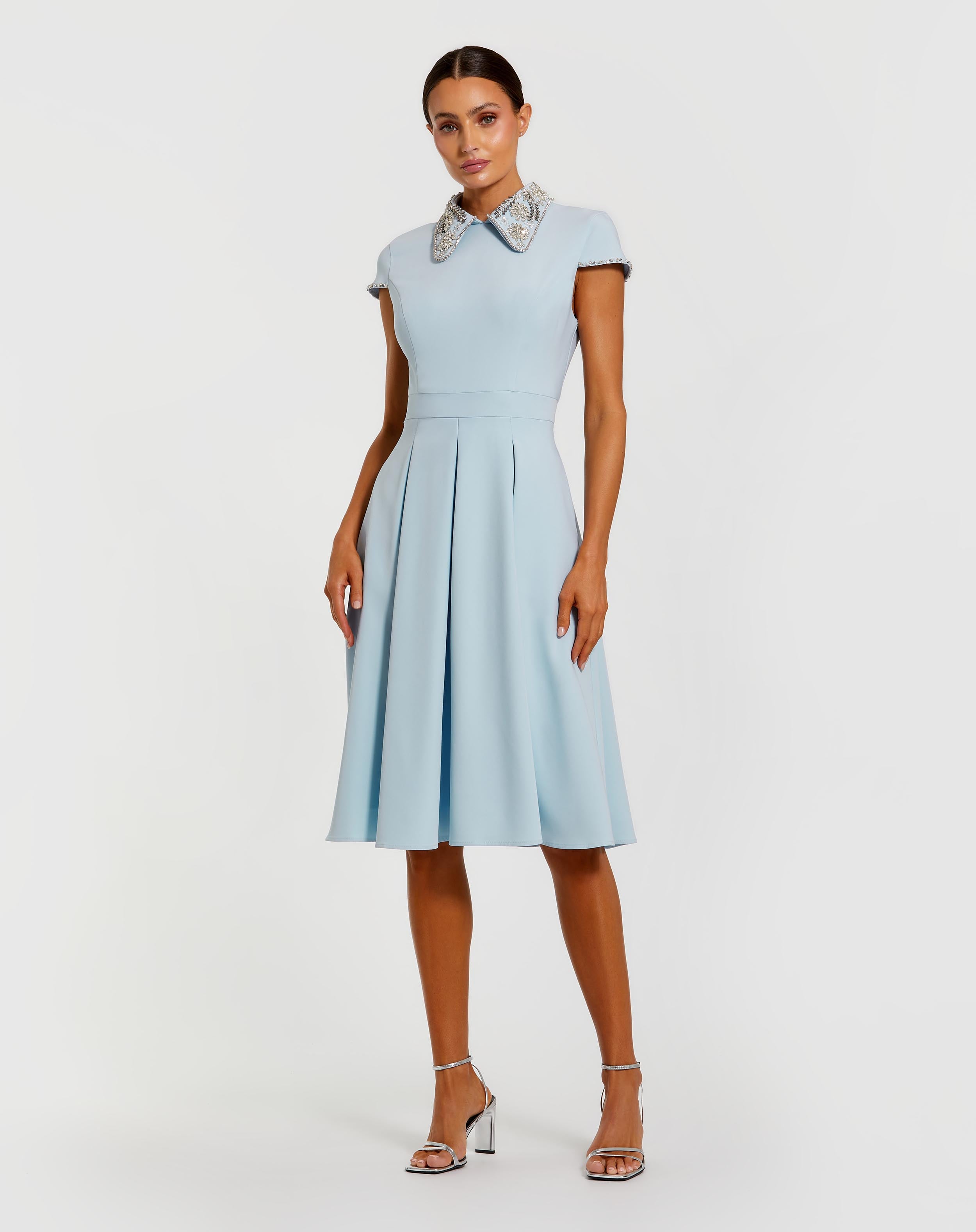 Blue Crepe Short Sleeve Midi Dress With Beading Ieena for Mac Duggal