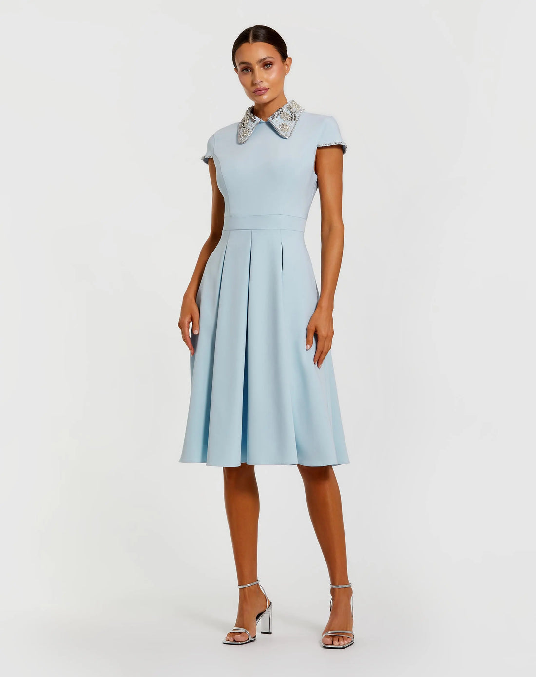 Blue Crepe Short Sleeve Midi Dress With Beading | Mac Duggal Blue Crepe Short Sleeve Midi Dress With Beading | Mac Duggal