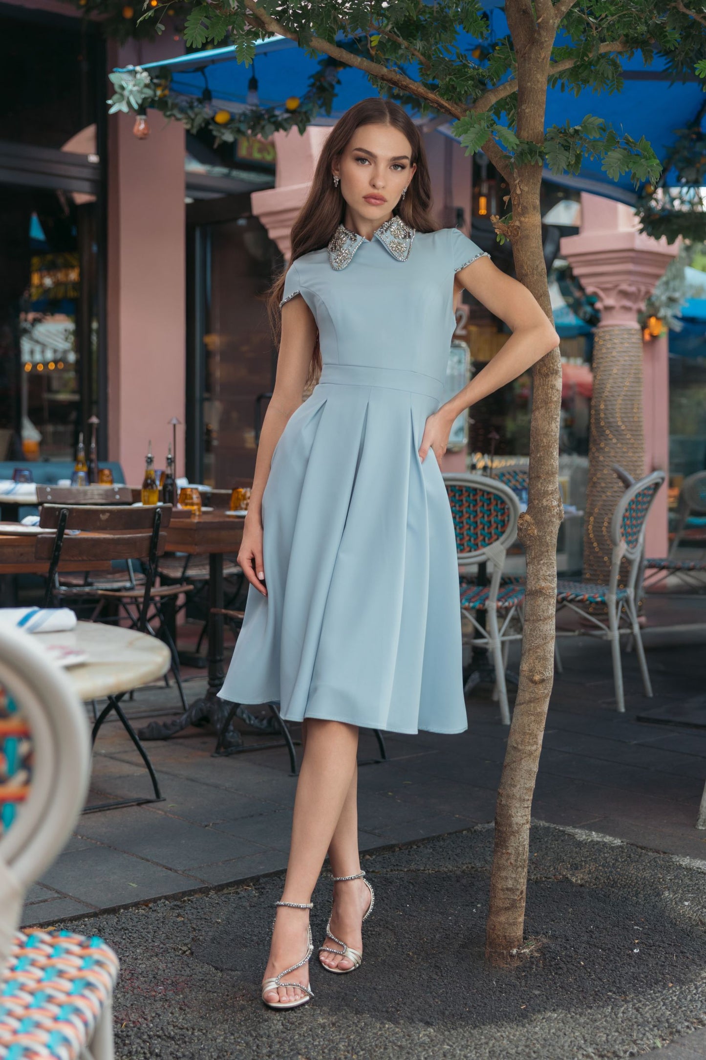 Blue Crepe Short Sleeve Midi Dress With Beading Ieena for Mac Duggal