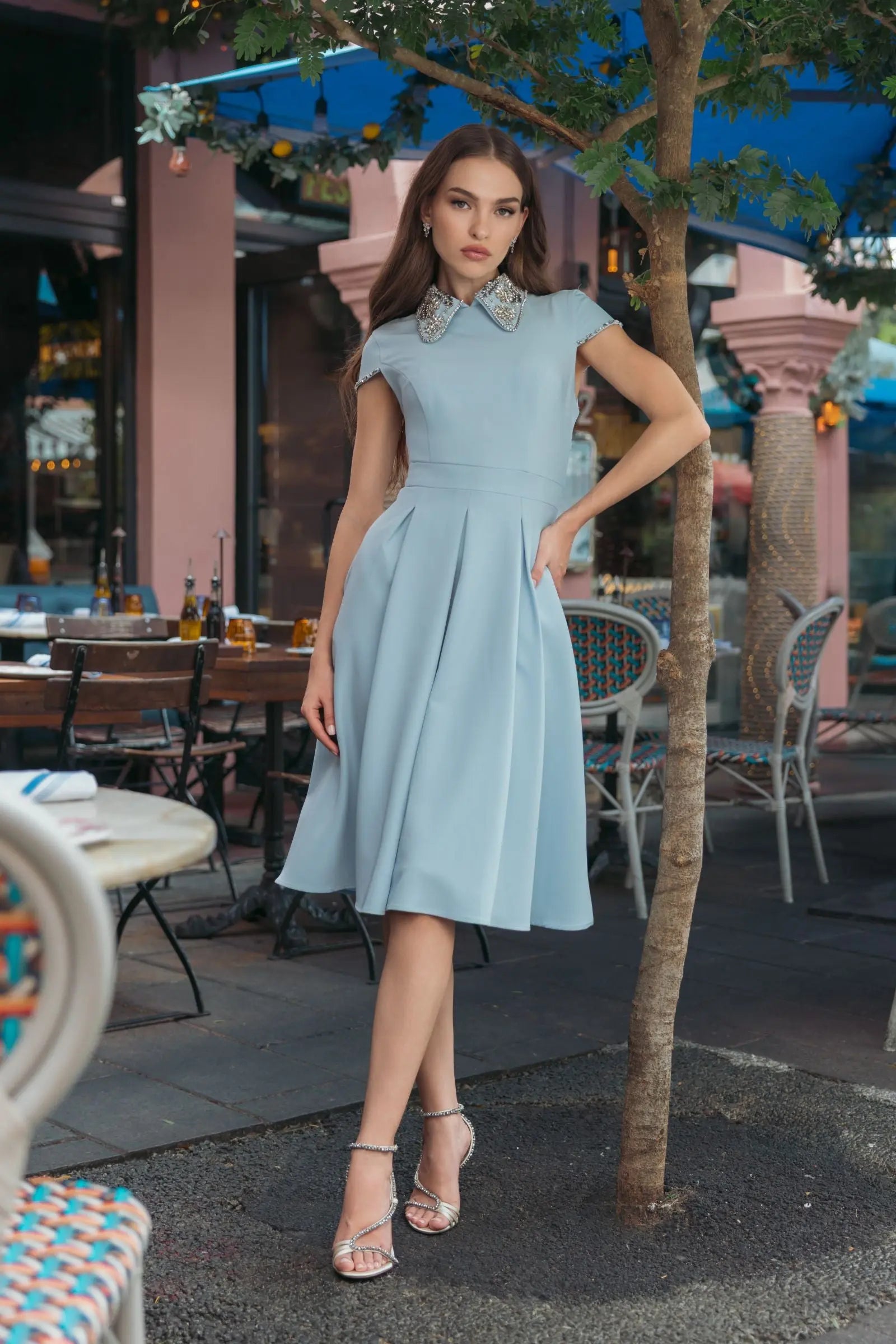 Blue Crepe Short Sleeve Midi Dress With Beading Ieena for Mac Duggal