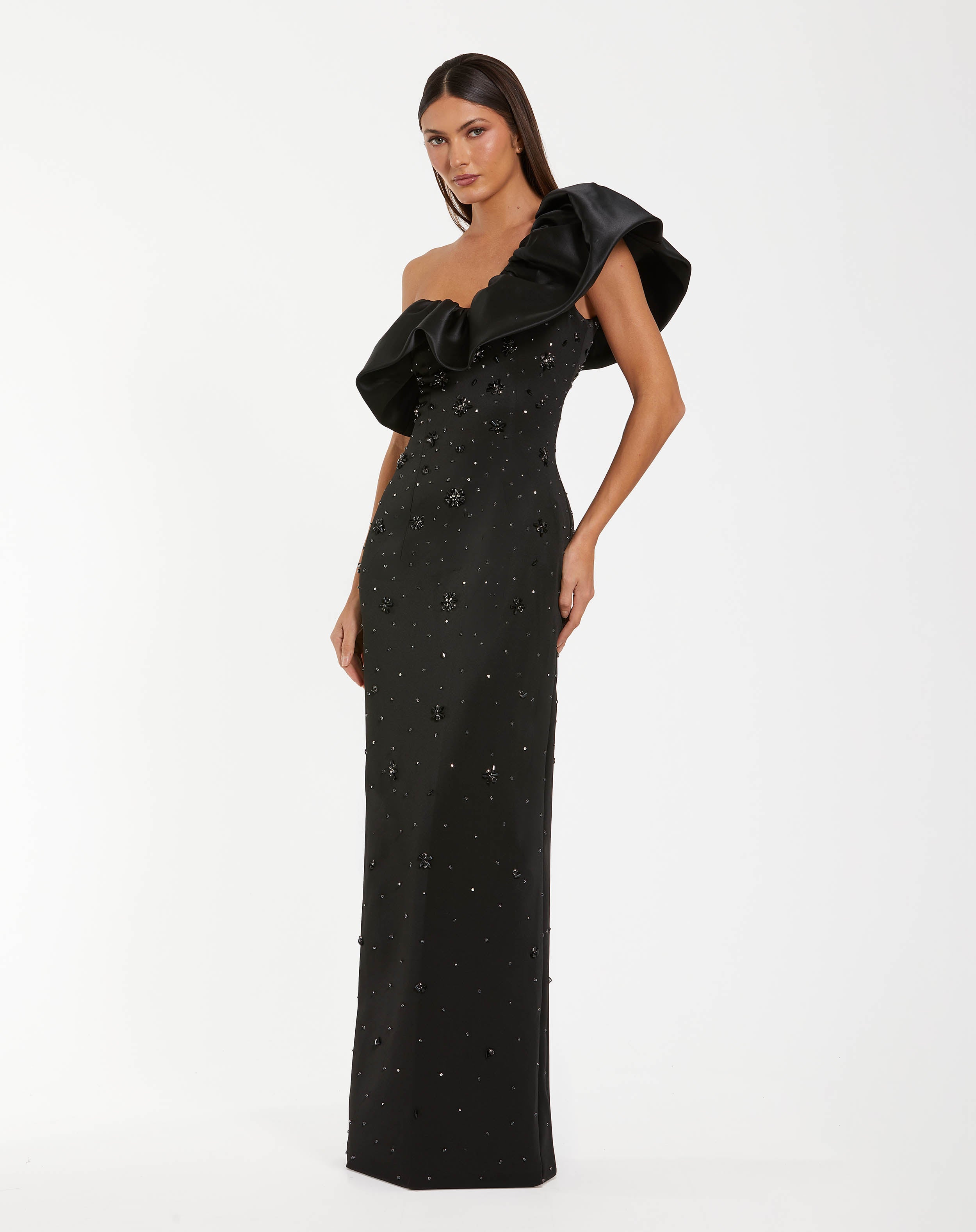 Beaded Crepe One Shoulder Gown with Satin Ruffle - Mac Duggal