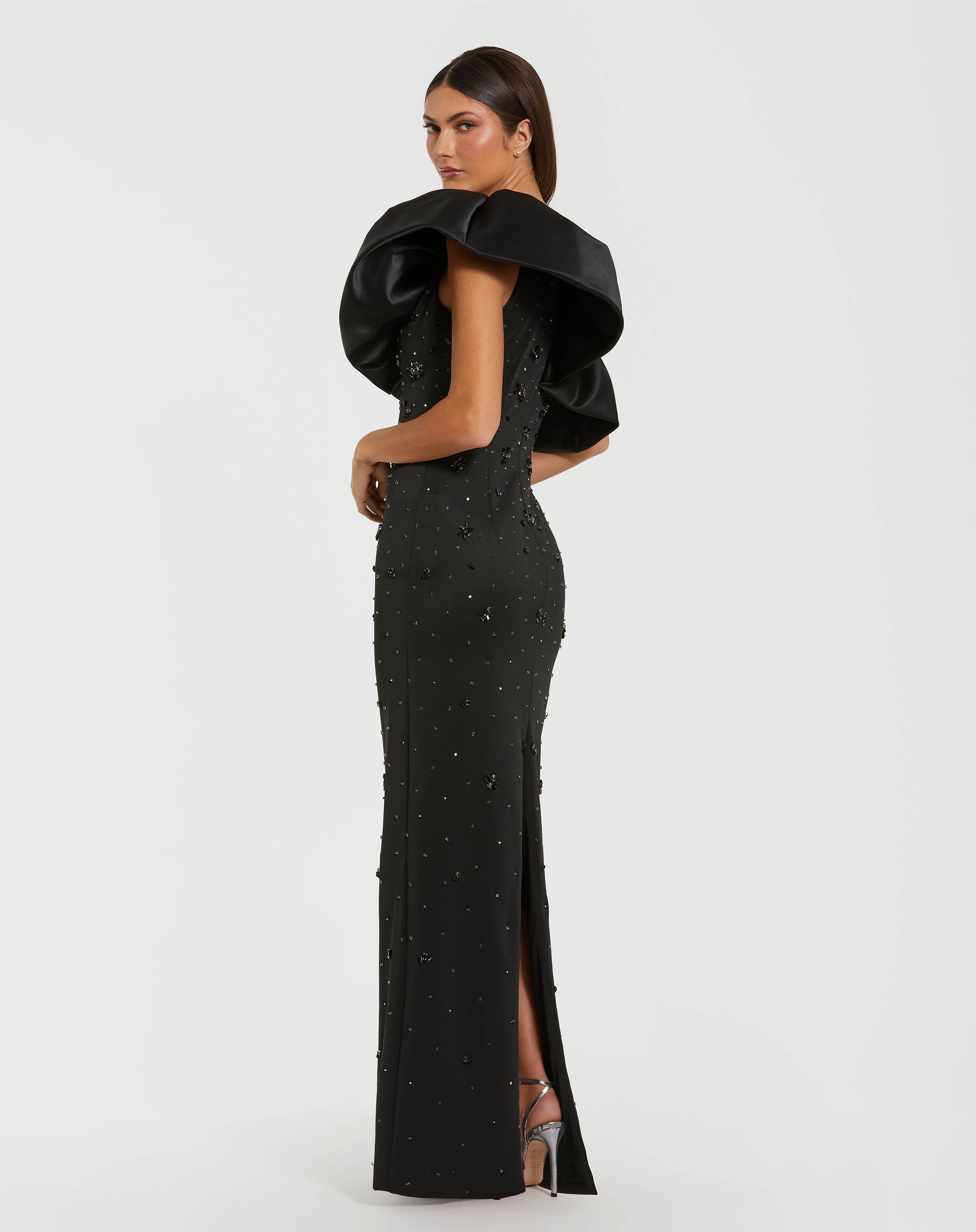 Beaded Crepe One Shoulder Gown with Satin Ruffle - Mac Duggal