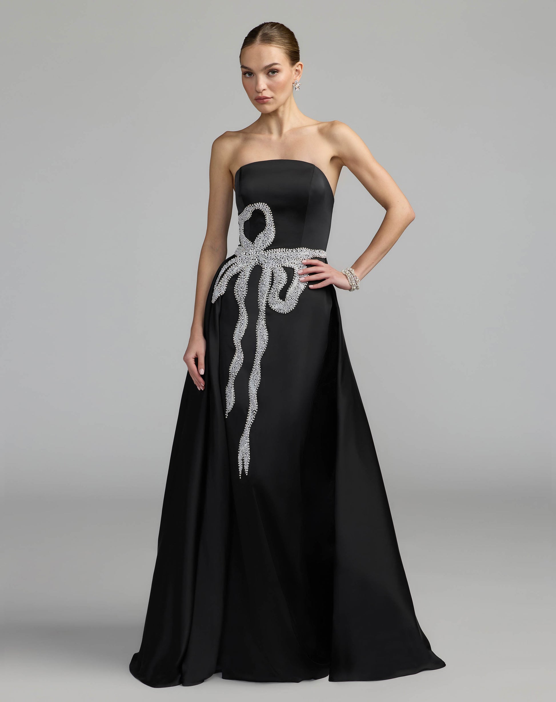 Black Strapless Embellished Satin Gown with Overskirt Mac Duggal
