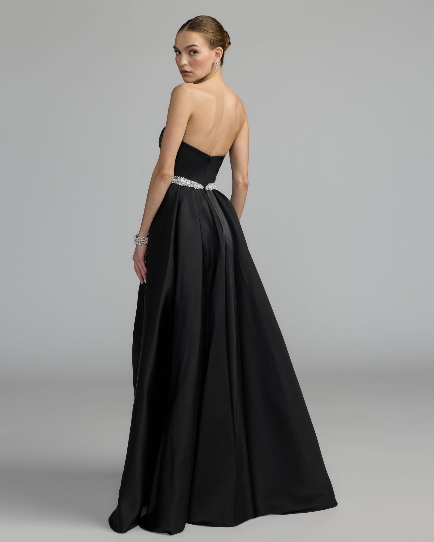 Black Strapless Embellished Satin Gown with Overskirt Mac Duggal