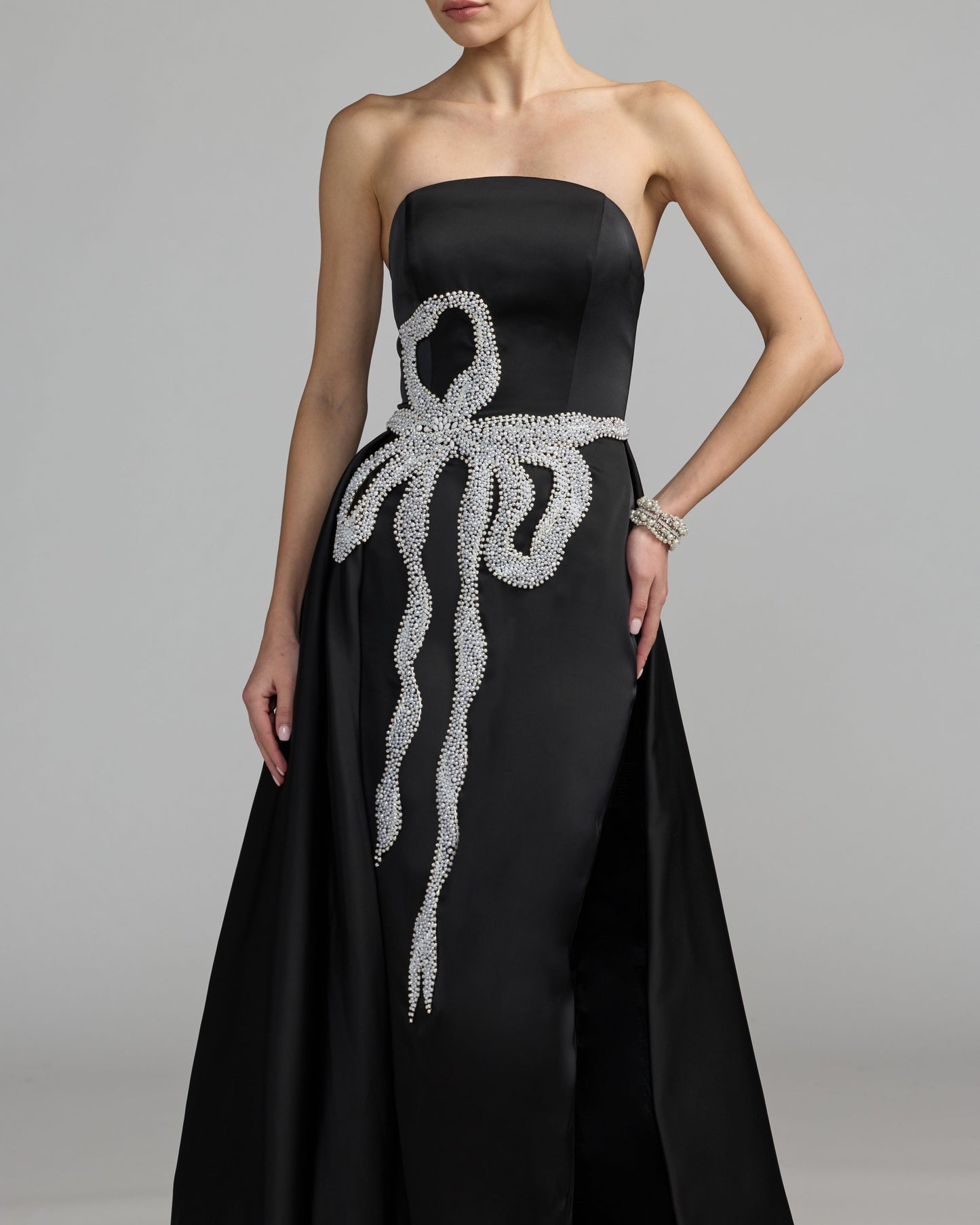 Black Strapless Embellished Satin Gown with Overskirt Mac Duggal