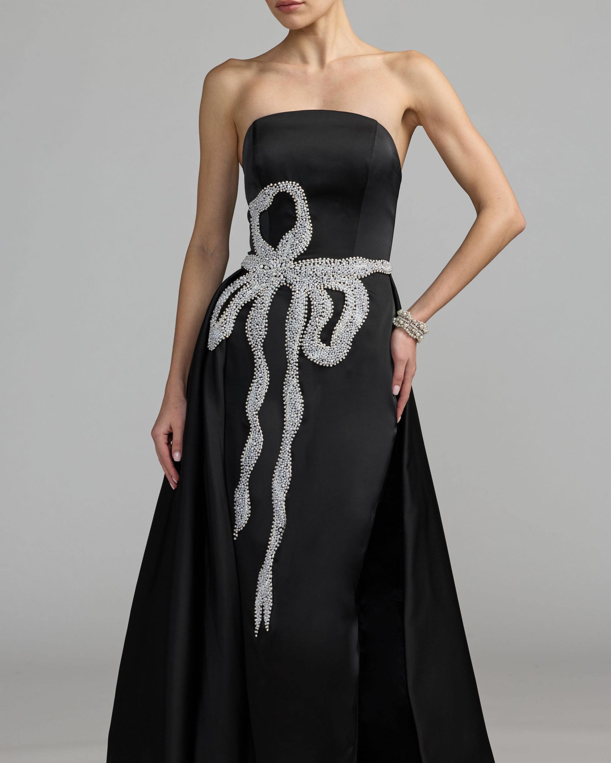 Black Strapless Embellished Satin Gown with Overskirt Mac Duggal