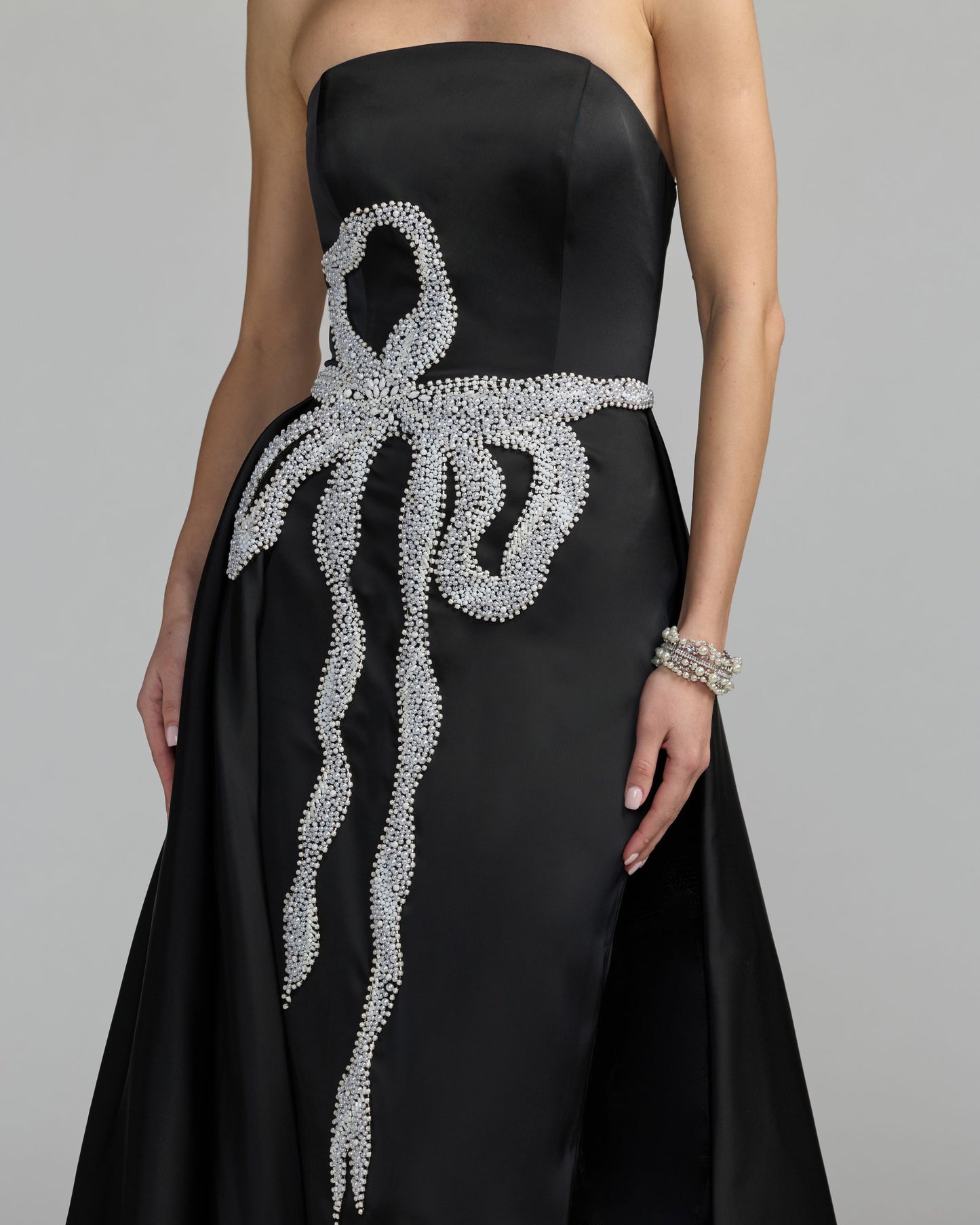 Black Strapless Embellished Satin Gown with Overskirt Mac Duggal