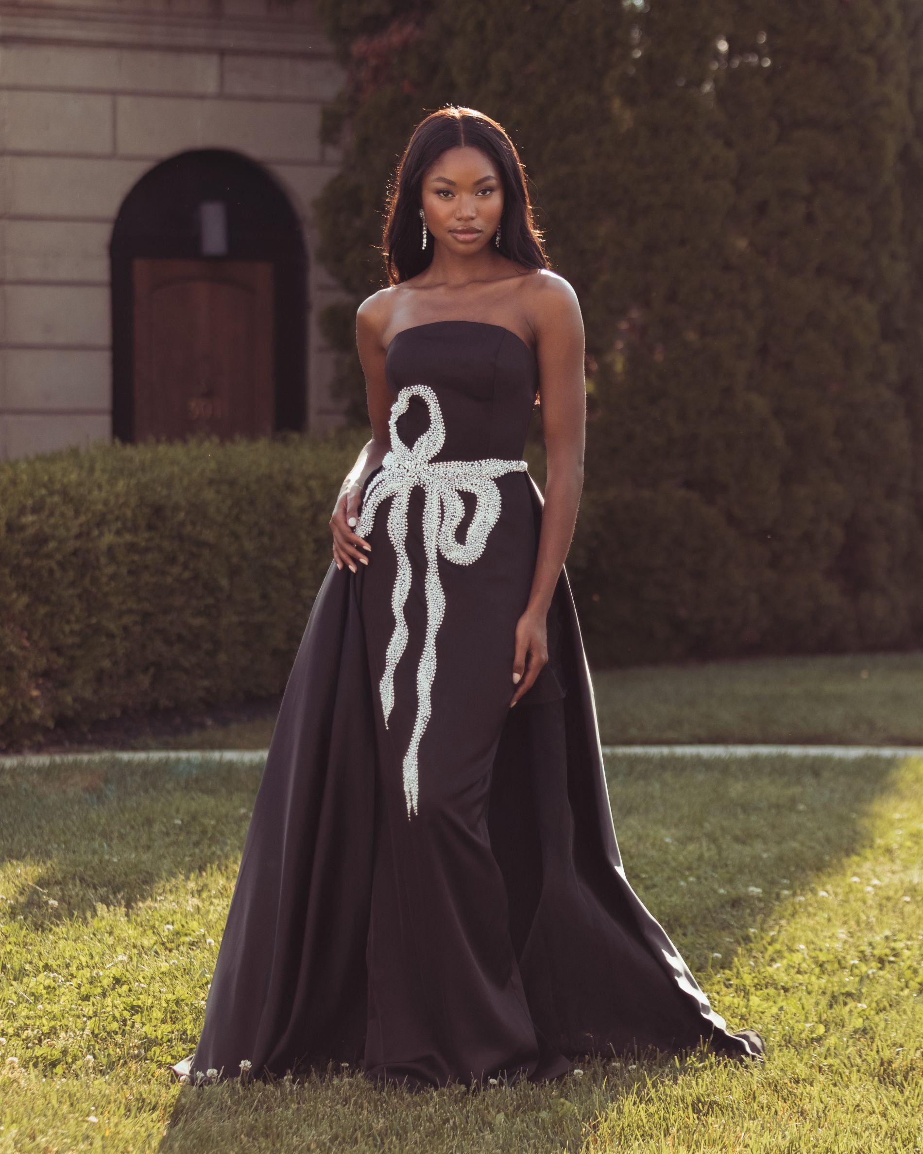 Black Strapless Embellished Satin Gown with Overskirt Mac Duggal