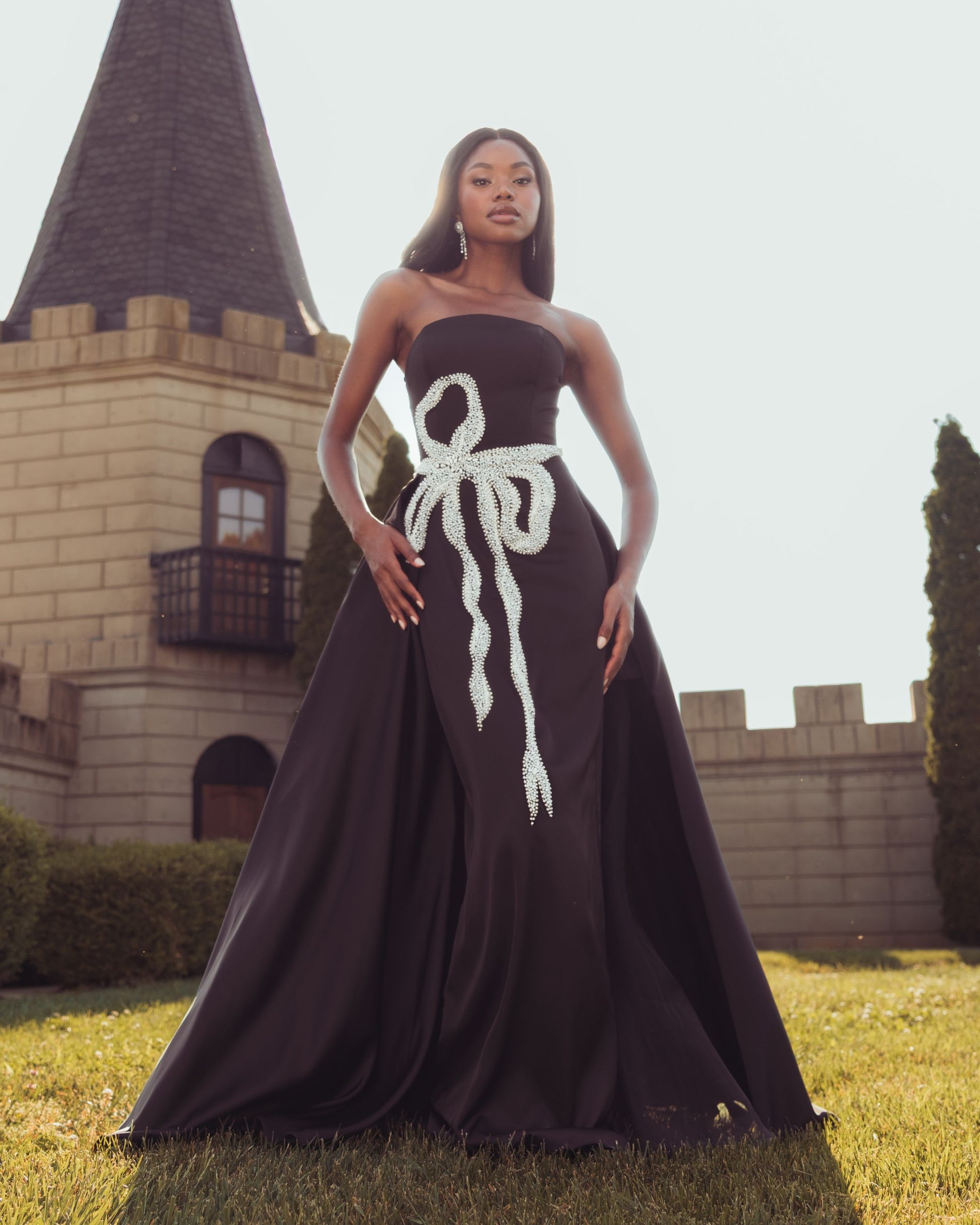 Black Strapless Embellished Satin Gown with Overskirt Mac Duggal