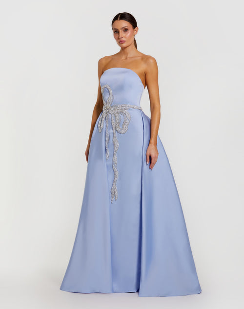 Blue Strapless Embellished Satin Gown with Overskirt - Mac Duggal