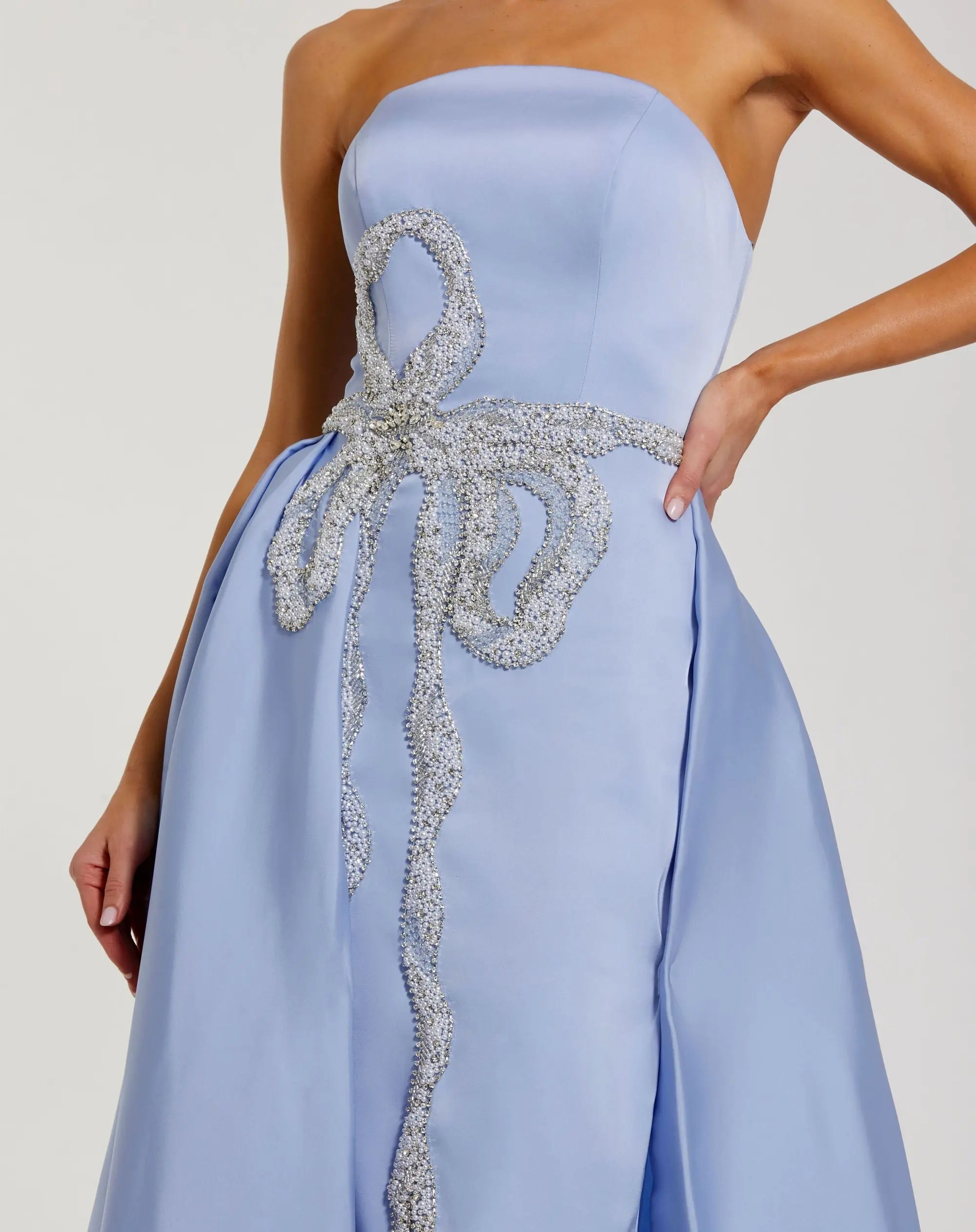 Blue Strapless Embellished Satin Gown with Overskirt - Mac Duggal