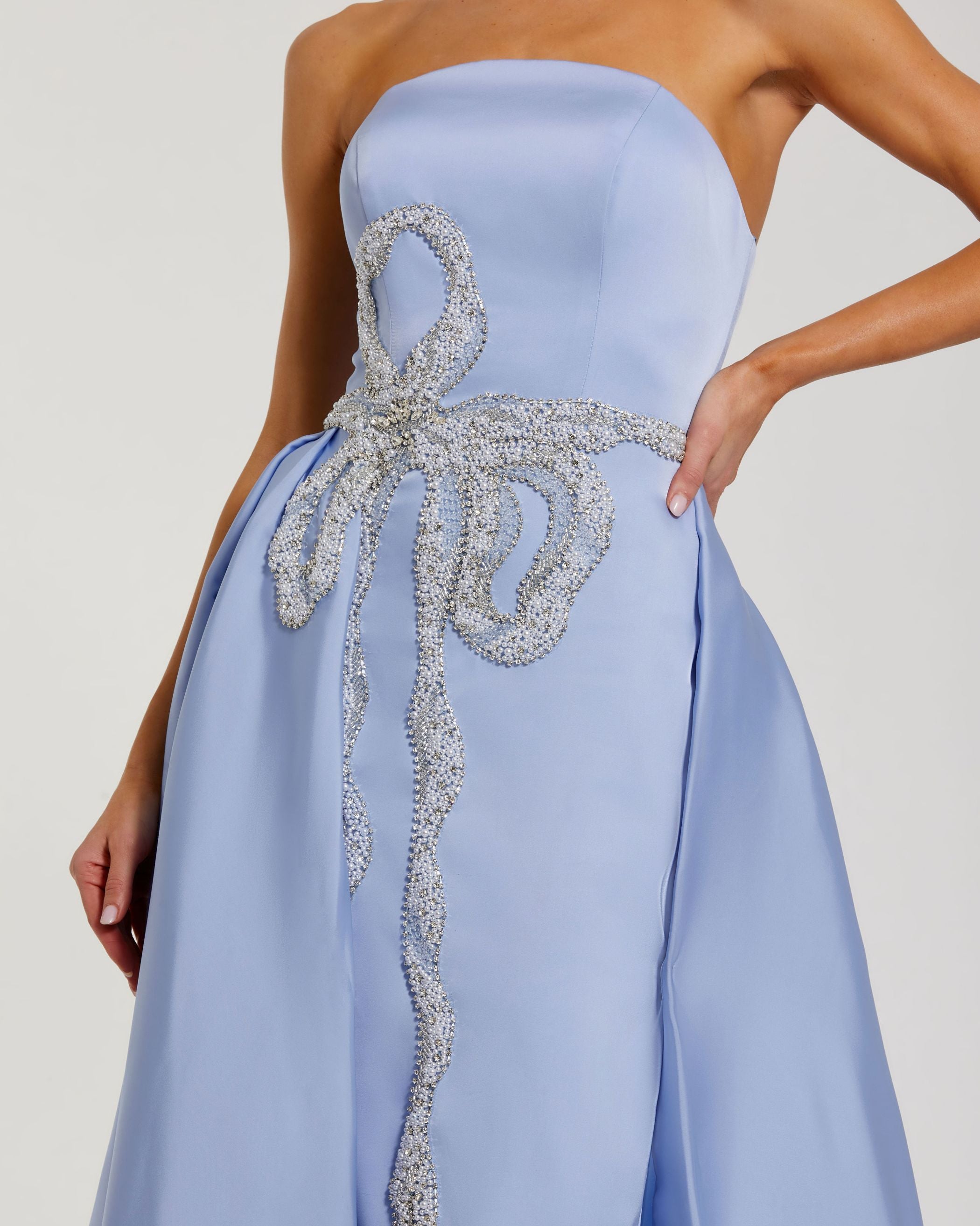 Blue Strapless Embellished Satin Gown with Overskirt - Mac Duggal