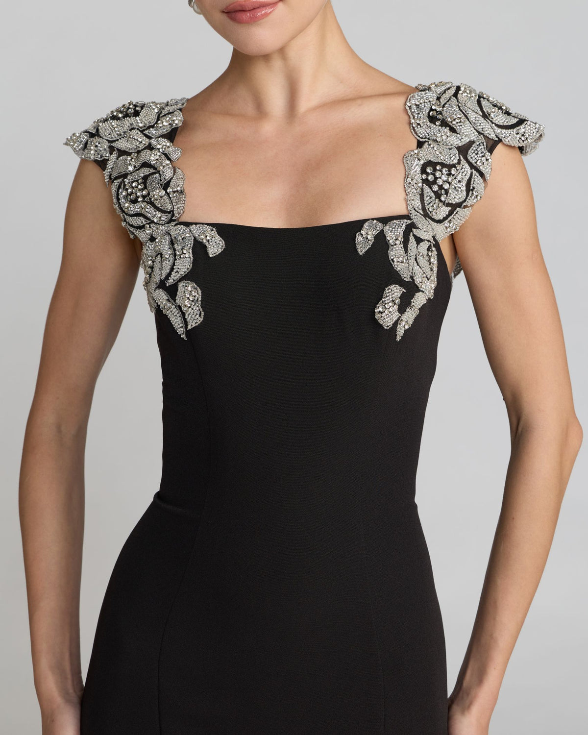 Black Beaded Floral Appliqué Mermaid Gown Mac Duggal