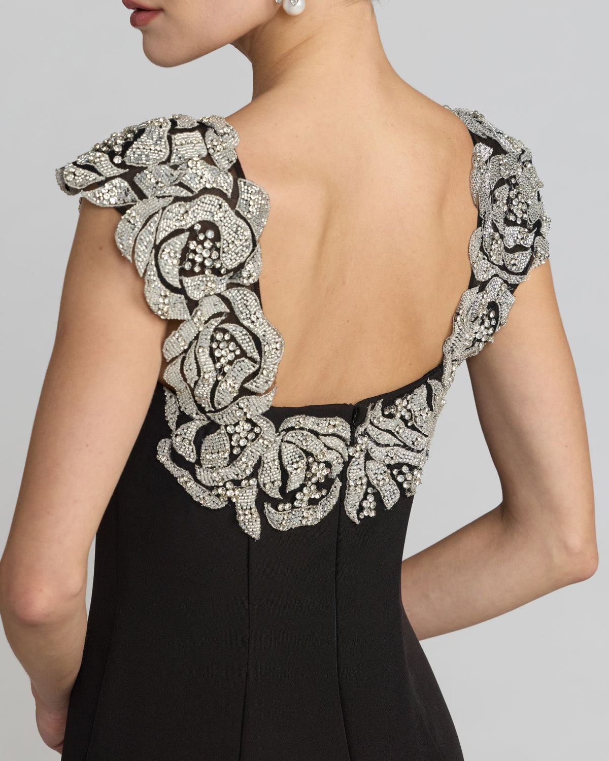 Black Beaded Floral Appliqué Mermaid Gown Mac Duggal