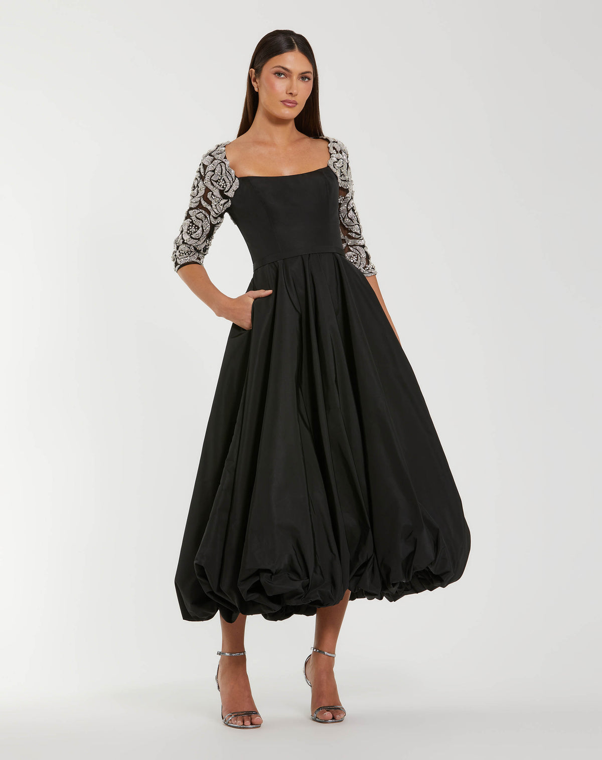Black Bubble Hem Midi Dress With Embellished Sleeves Mac Duggal