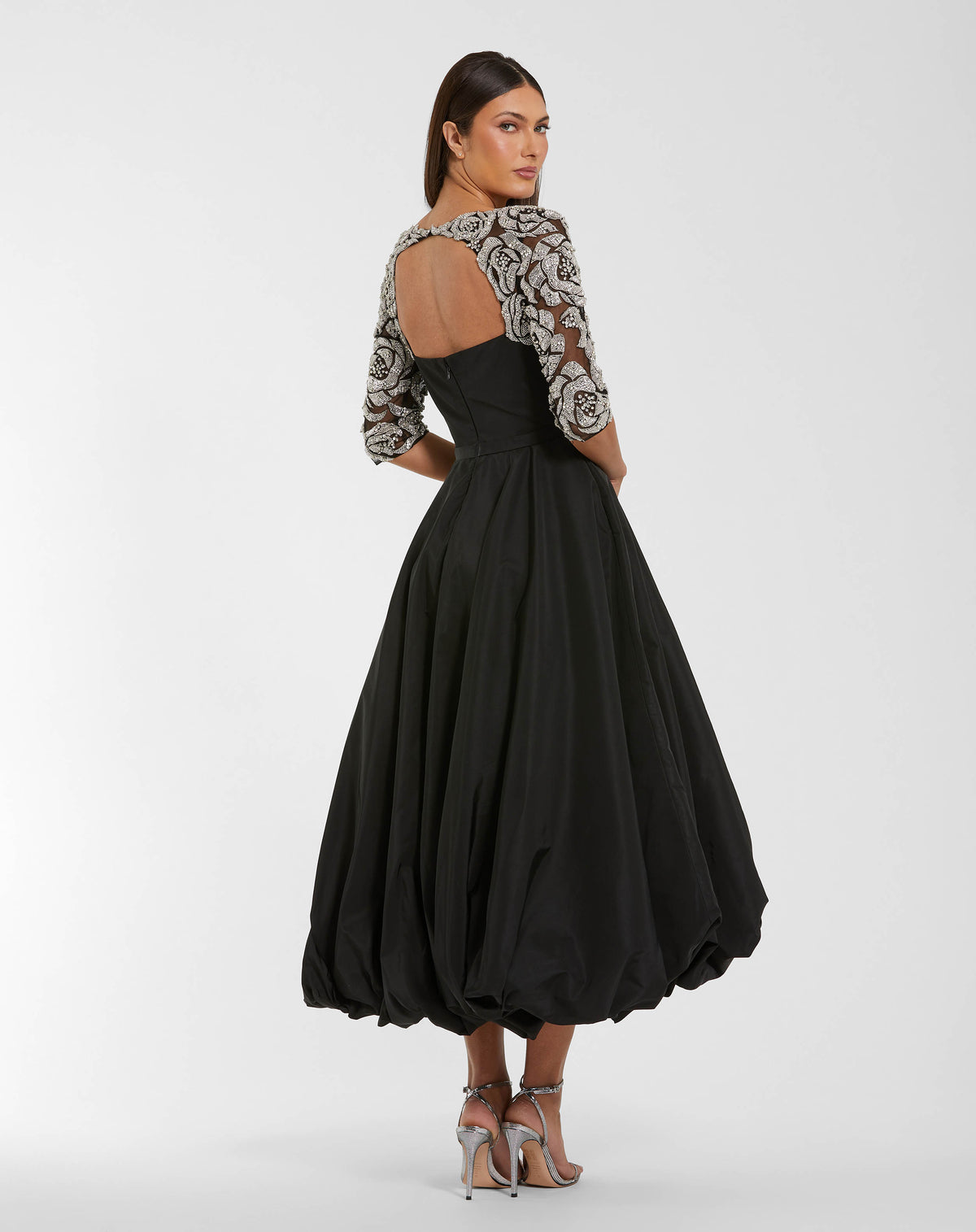 Black Bubble Hem Midi Dress With Embellished Sleeves Mac Duggal