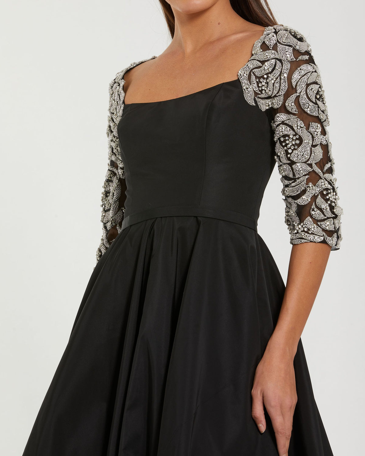 Black Bubble Hem Midi Dress With Embellished Sleeves Mac Duggal