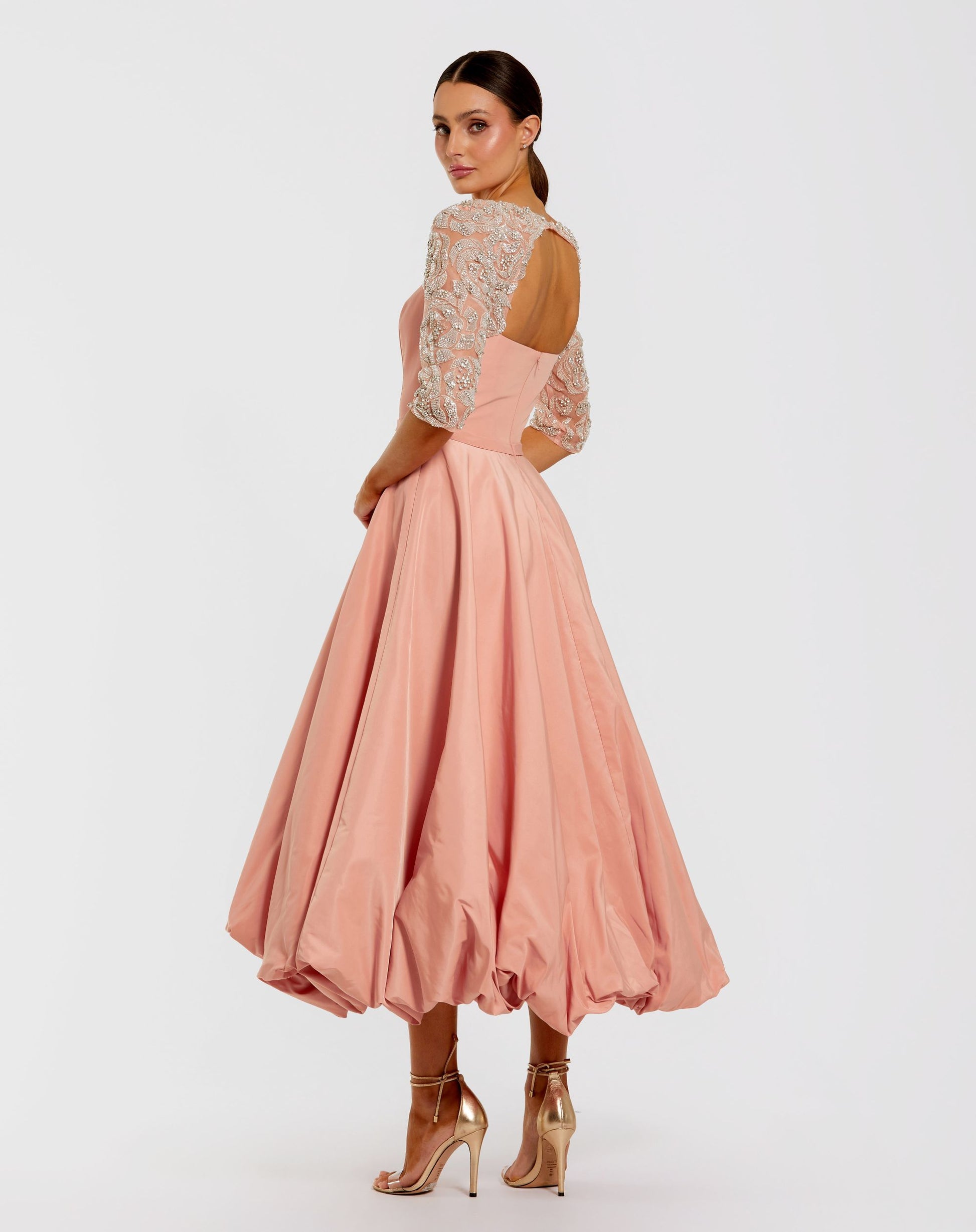 Pink Bubble Hem Midi Dress With Embellished Sleeves - Mac Duggal